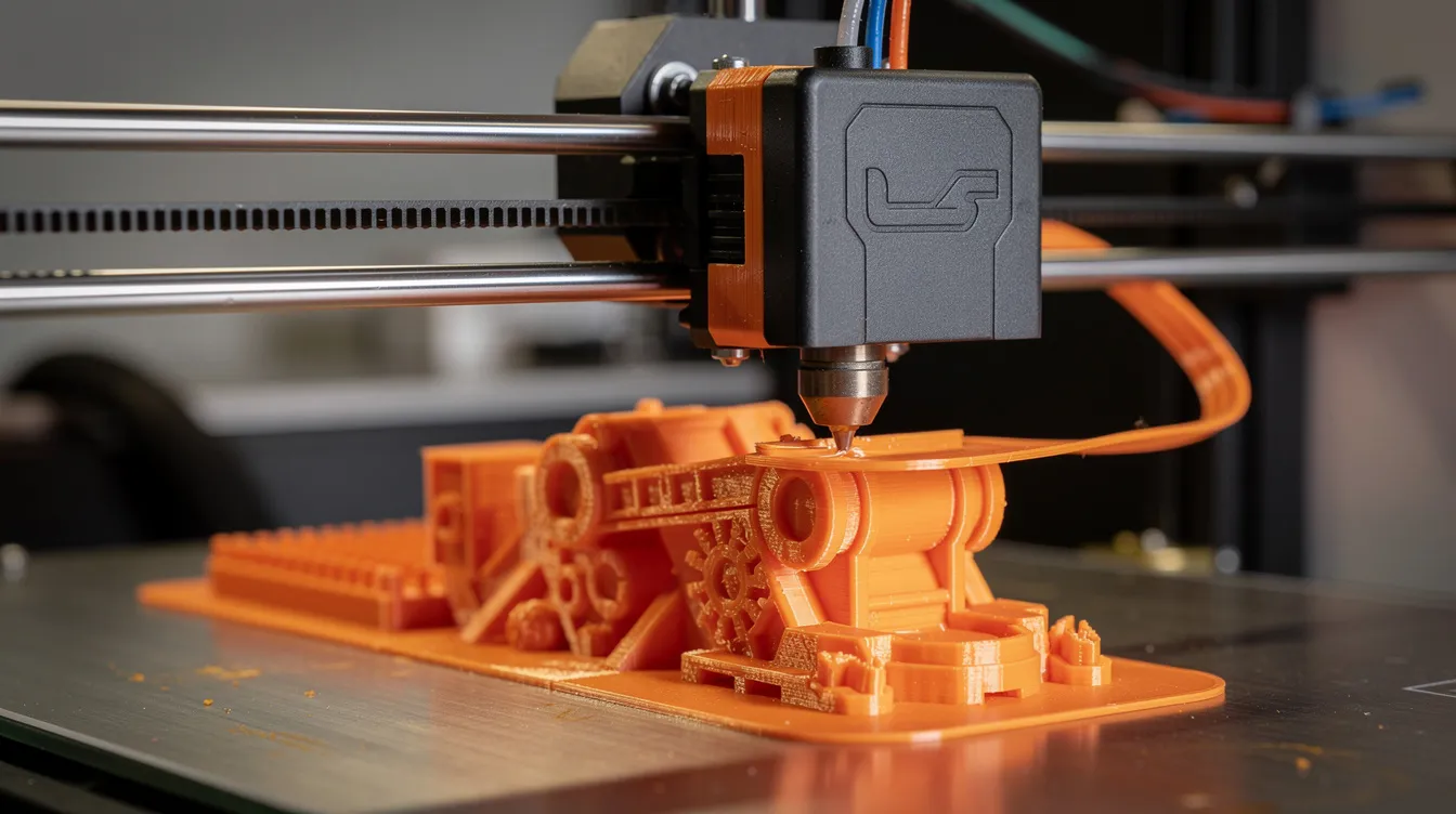 A 3D printer is actively extruding orange plastic filament to create a detailed physical prototype layer by layer, showcasing the rapid prototyping process and the capabilities of additive manufacturing technologies. This image illustrates the manufacturing process involved in producing high-quality prototypes using fused deposition modeling.
