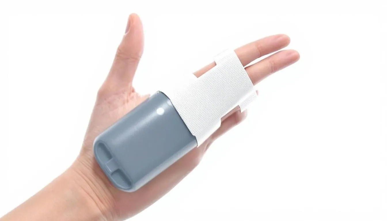 The image depicts a hand with a finger splint securely fitted on the ring finger, demonstrating the proper positioning to keep the affected finger straight and immobilised. This splint is designed to alleviate symptoms of trigger finger by preventing bending at the middle joint, promoting healing and comfort.