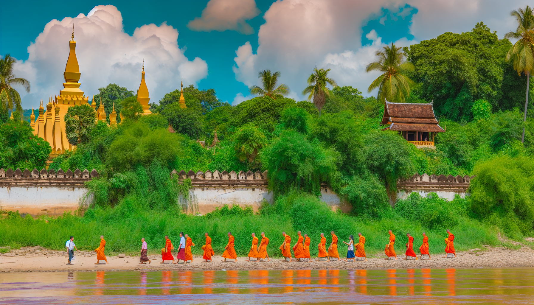 Buddhist monks walking near the Mekong River in Luang Prabang