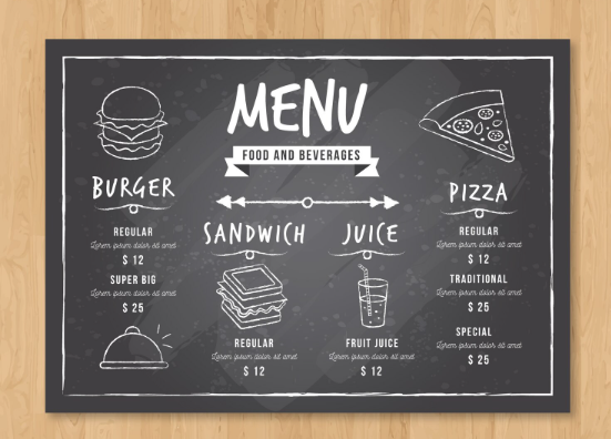 Printed menus or chalkboards
