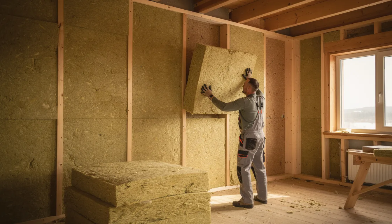 A person is installing mineral wool batts between wooden wall studs in a sauna under construction, focusing on proper insulation to ensure effective moisture protection and heat retention. This insulation layer is essential for maintaining optimal sauna temperatures and preventing heat loss in the structure.