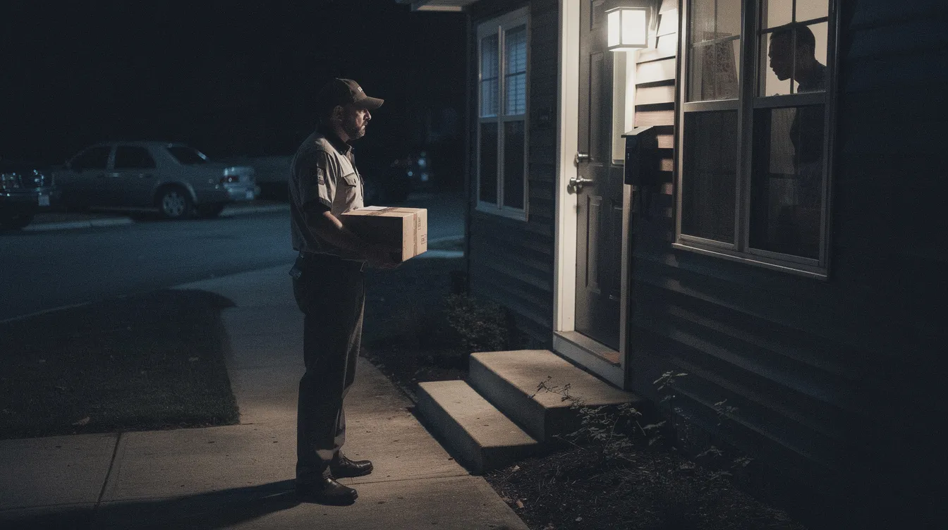 A person posing as a delivery worker, demonstrating social engineering tactics used by burglars.