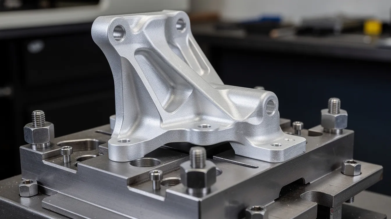 The image features a precision CNC machined aerospace bracket made from aluminum, showcasing a smooth anodized finish. It is securely mounted on an assembly fixture, highlighting the intricate details achieved through the CNC machining process.