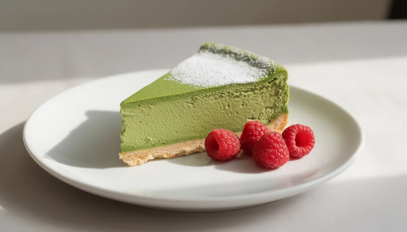 Ein Stück grüner Matcha-Cheesecake liegt auf einem weißen Teller, umgeben von frischen Himbeeren und bestäubt mit einem Hauch Puderzucker. Die cremige Konsistenz des Käsekuchens und die lebendige grüne Farbe des Matcha-Pulvers verleihen dem Dessert einen eleganten und appetitlichen Eindruck.