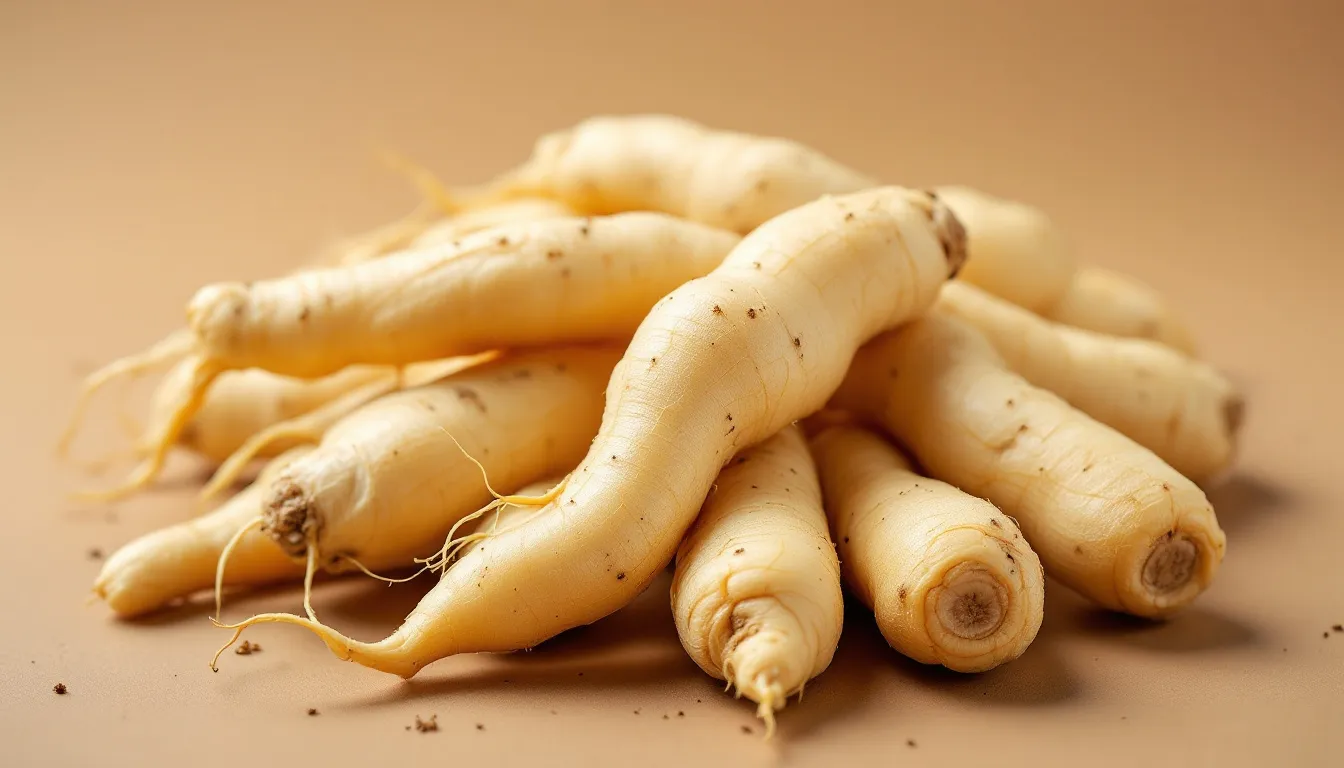 The image features fresh ginseng roots, showcasing their characteristic fleshy appearance and natural coloring, which are essential components in traditional Chinese medicine and various ginseng products. These roots, often referred to as panax ginseng or Korean ginseng, are known for their health benefits and are used in dietary supplements and herbal remedies.