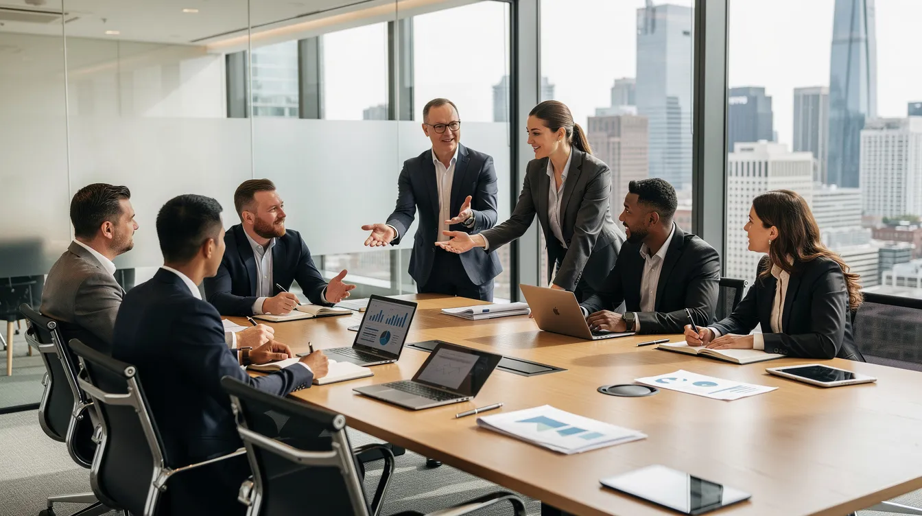 Une équipe d'affaires est rassemblée autour d'une grande table dans une salle de réunion moderne, discutant de la stratégie d'entreprise avec des ordinateurs portables et des carnets. Ils échangent des idées sur la mise en œuvre de leur plan stratégique pour atteindre leurs objectifs et analyser le marché.