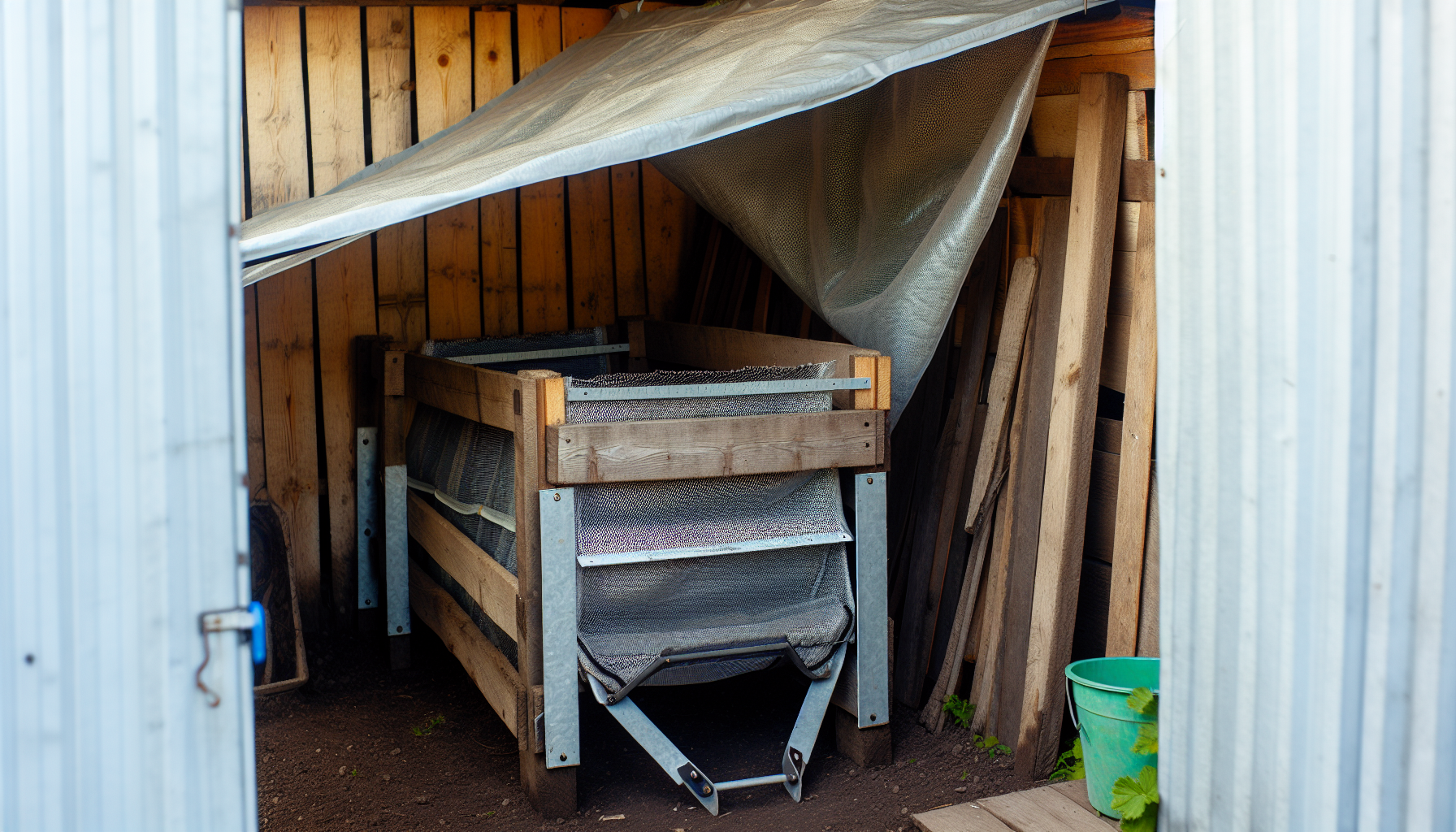 Storing a compost sifter in a covered area