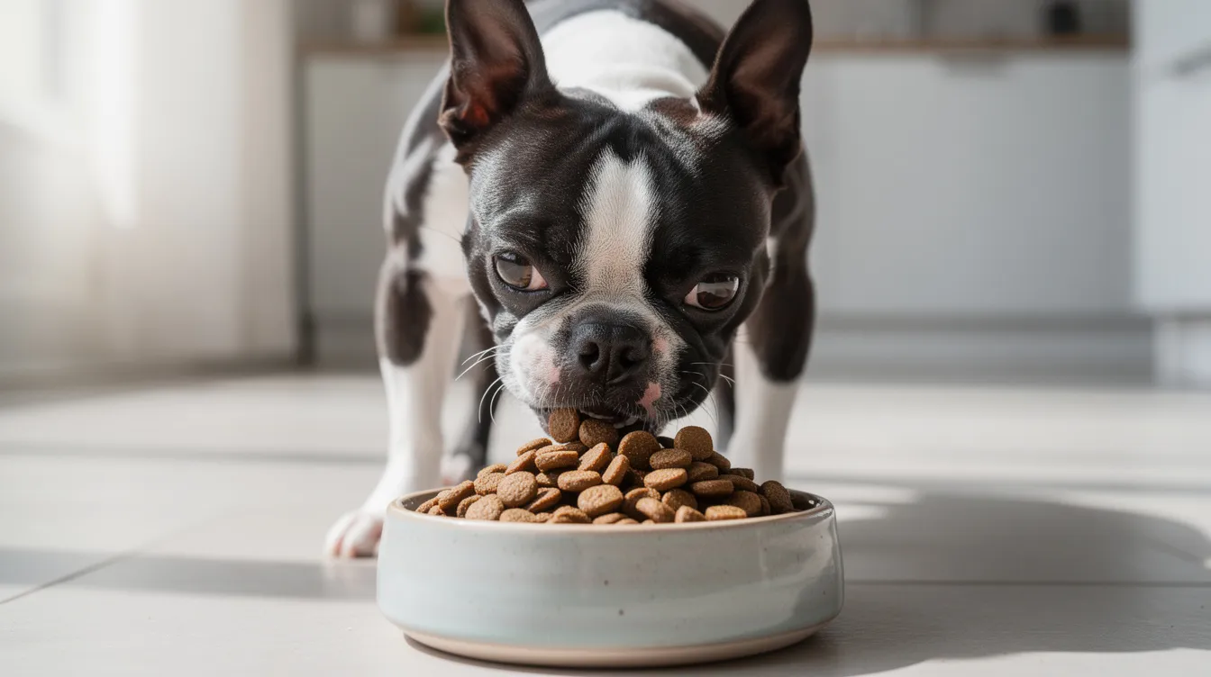 A Boston Terrier is enjoying high-quality kibble from a dog bowl, showcasing its distinctive black and white markings and compact body. The dog, known for its friendly demeanor and intelligence, eagerly eats while sitting on a soft surface, embodying the characteristics of this popular breed.