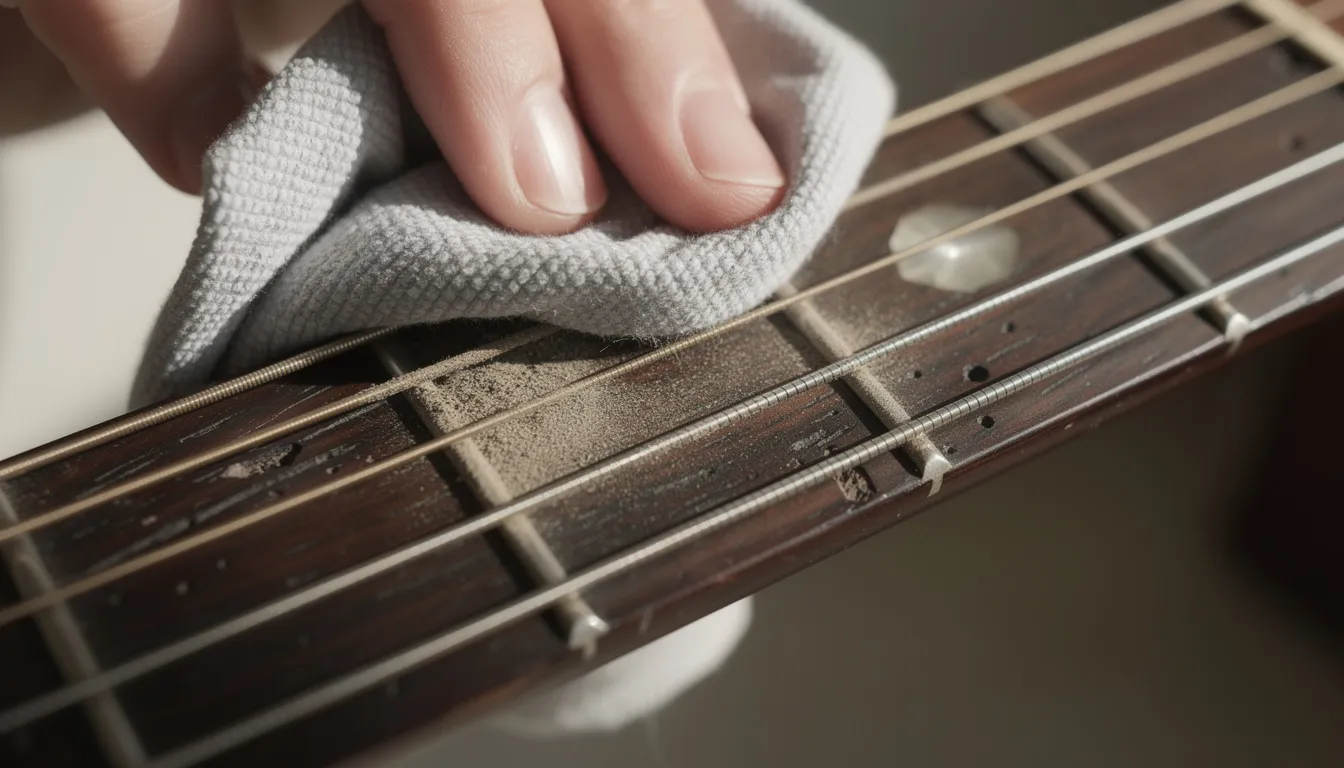 Eine Hand hält ein Mikrofasertuch, während sie ein dunkles Palisander-Griffbrett einer E-Gitarre reinigt. Diese Pflege des Griffbretts sorgt für beste Klangqualität und ein angenehmes Spielgefühl.