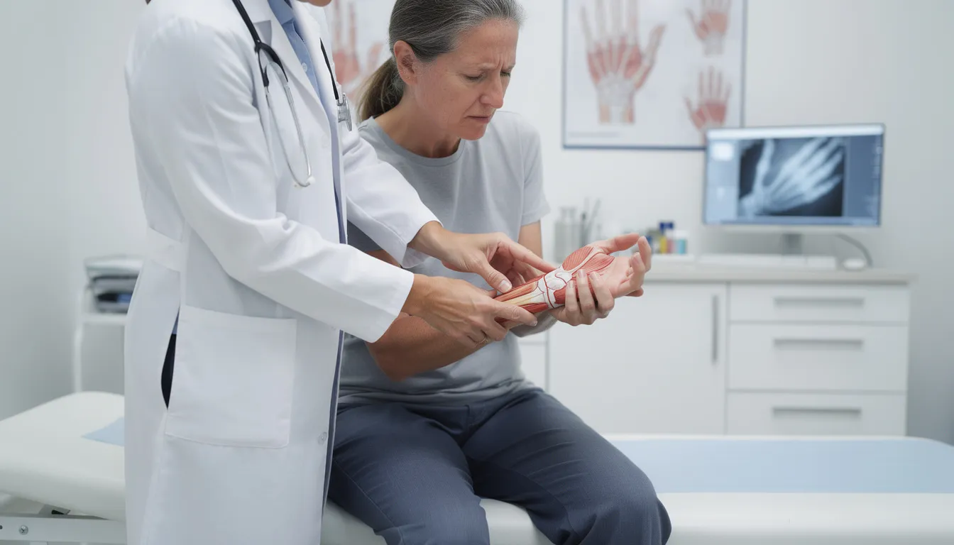 A person is sitting on an examination table in a medical office, discussing their hand and wrist pain with a healthcare professional. This examination is crucial for addressing potential repetitive stress injuries, which are common among workers in physically demanding jobs and may lead to occupational disease claims under Colorado workers compensation laws.