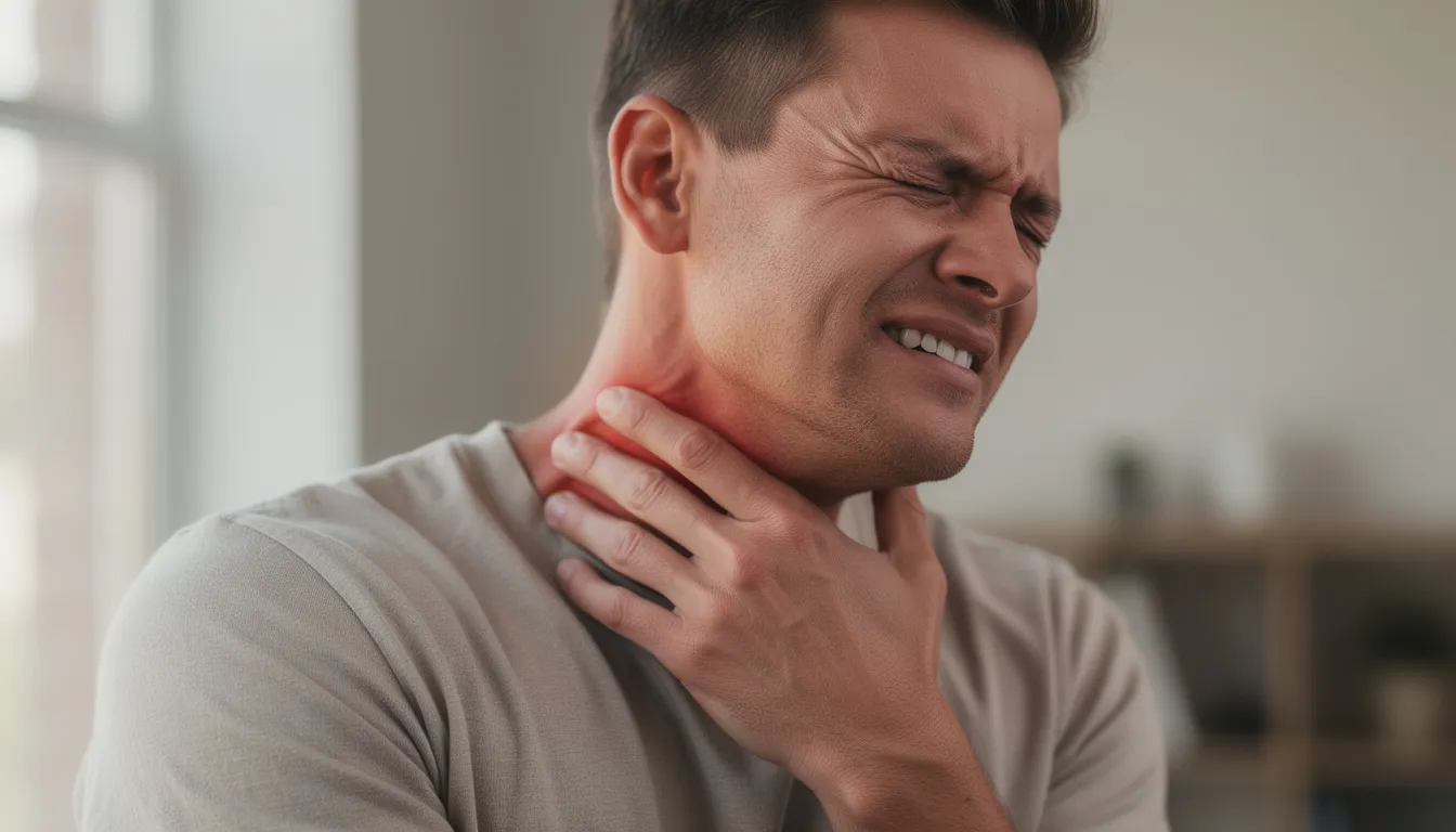 A person grimaces in discomfort while rubbing their stiff neck, indicating possible neck pain or a whiplash injury. Their struggle to turn their head suggests symptoms of whiplash, which may involve neck stiffness and reduced range of motion.