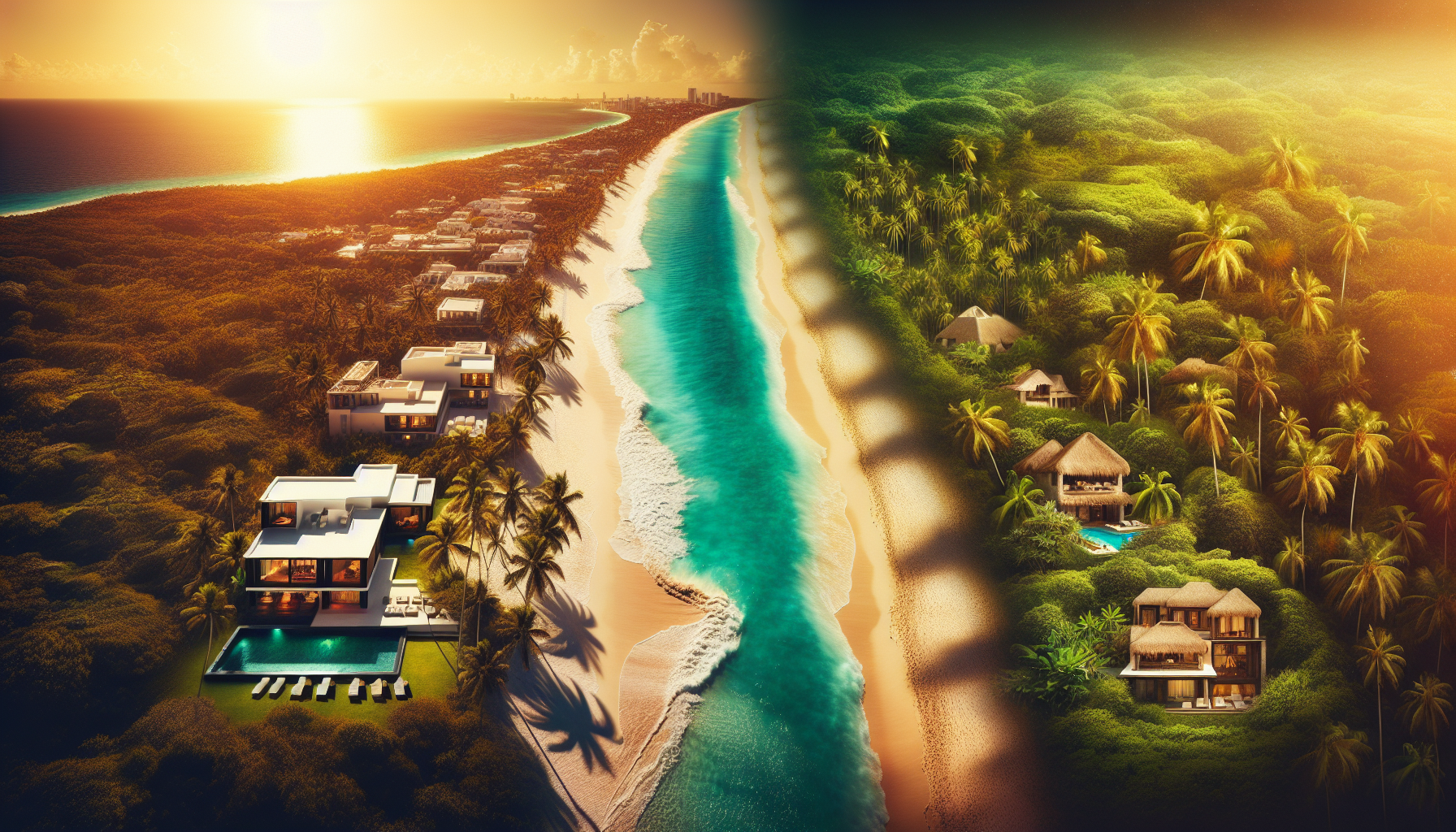 A colorful illustration of prime locations for villas in Tulum, highlighting the beach and jungle settings.