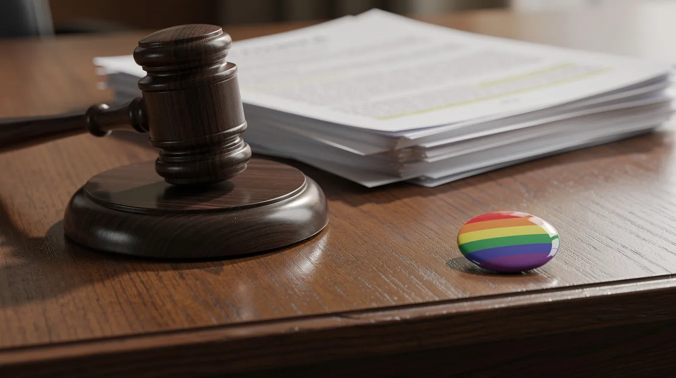 Ongoing Struggles and Achievements in LGBTQIA Rights 3 - Consent Culture The image features a close-up of a gavel resting on a wooden surface next to legal documents, with a small rainbow pin visible on the edge of the desk, symbolizing the ongoing struggles and achievements in LGBTQIA rights, including marriage equality and legal protections for same-sex couples. This representation highlights the importance of advocacy for equal treatment and nondiscrimination protections in the pursuit of justice for the LGBTQ community.