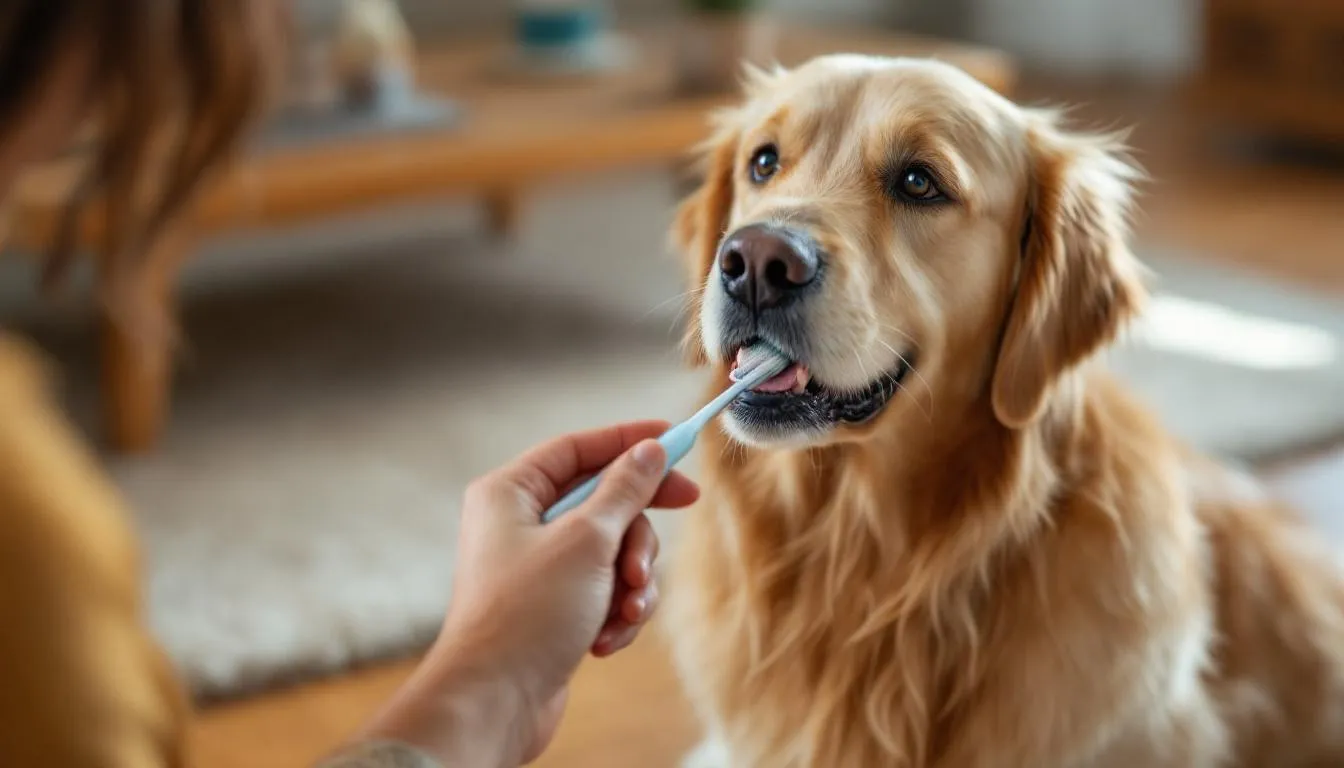 A small dog is having its teeth brushed with a soft toothbrush, showcasing a focus on the dog