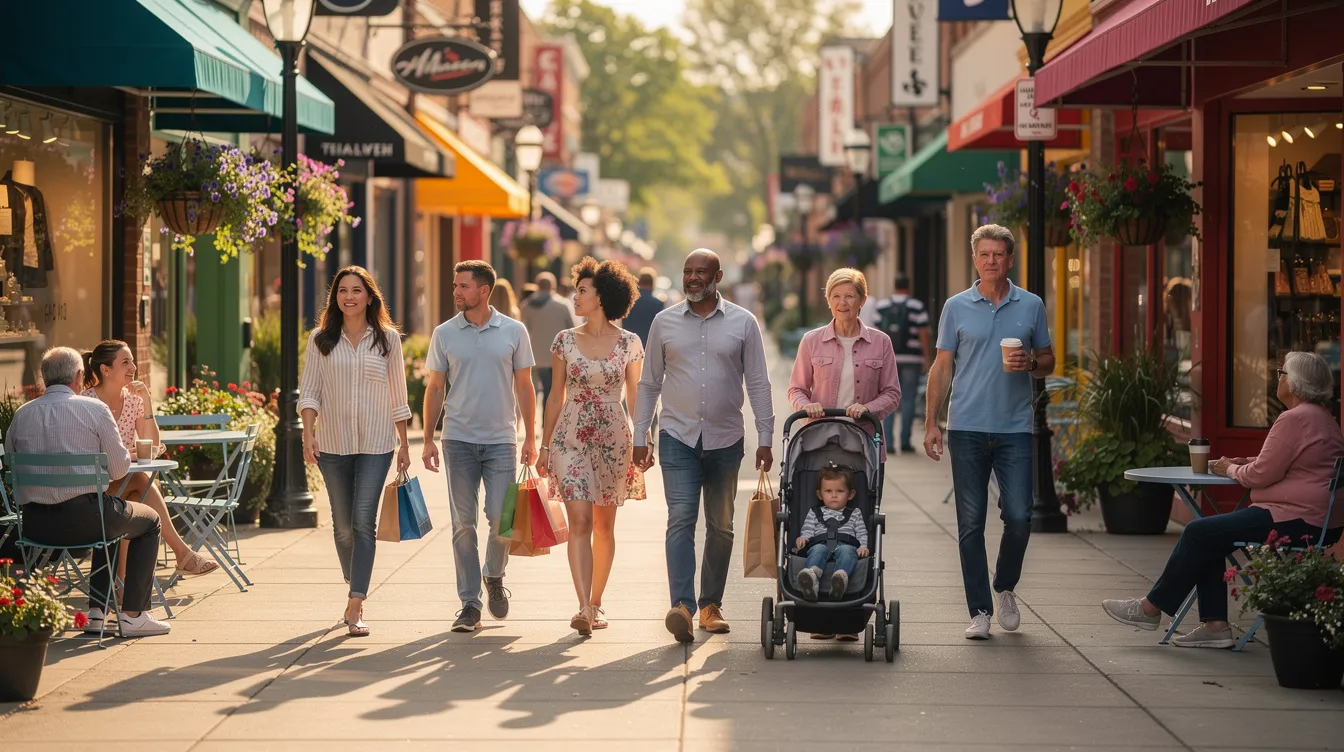 A diverse group of people strolls through a vibrant downtown shopping district, surrounded by colorful storefronts showcasing various products. This lively scene reflects the importance of customer engagement and loyalty programs in fostering brand loyalty and encouraging repeat business among loyal customers.