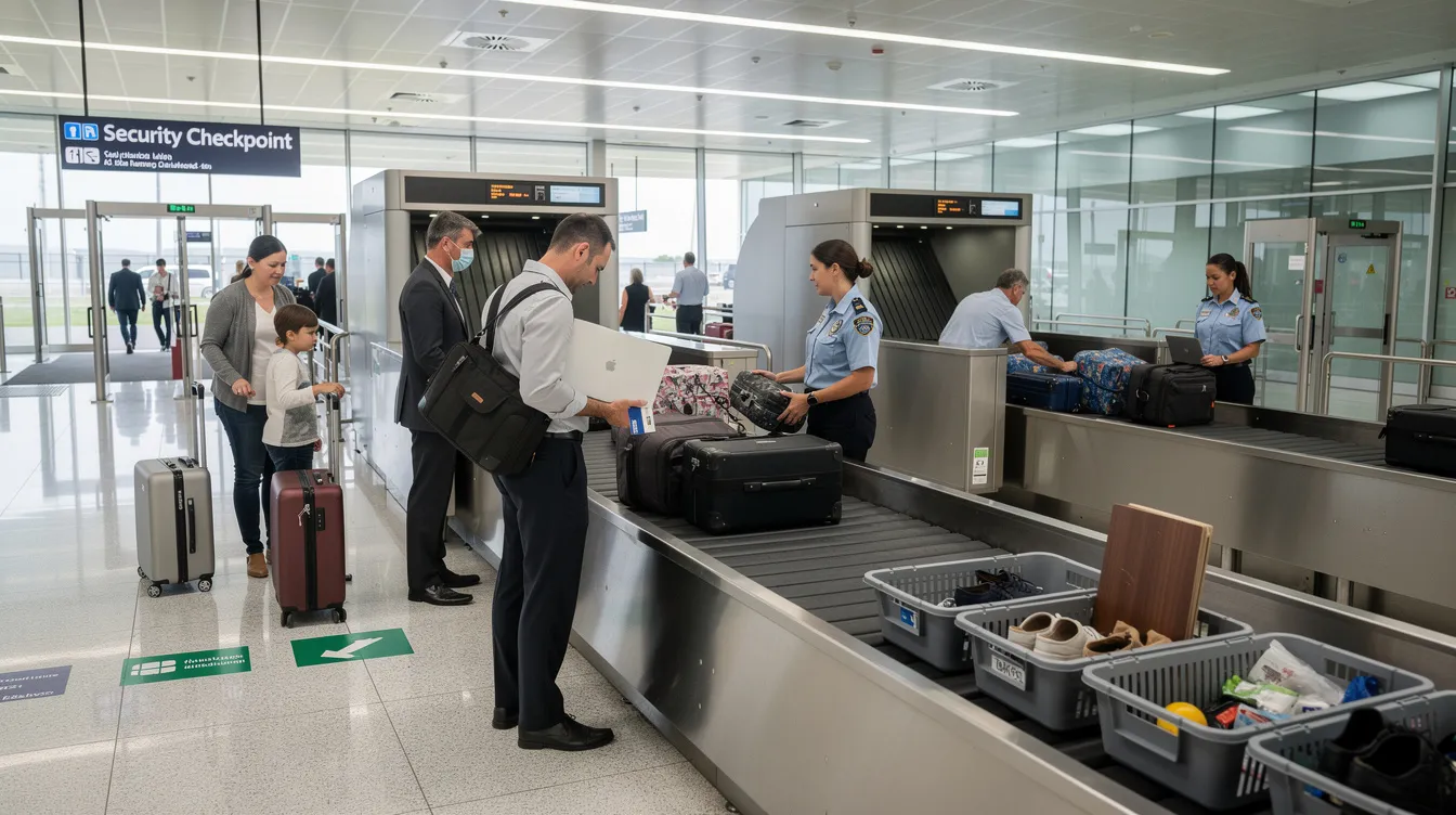 The image depicts an airport security checkpoint where passengers, including a man, are placing their bags on conveyor belt scanners for safety checks. This scene captures the bustling atmosphere of travelers flying to Ireland from the UK, as they prepare for their journeys.