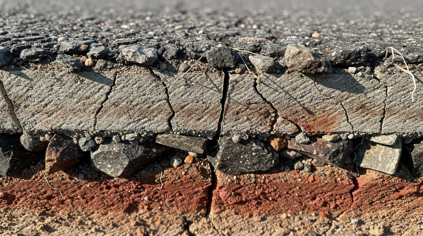 The image captures a close-up macro view of weathered asphalt pavement in Oklahoma, highlighting small cracks and micro-fissures caused by thermal heat expansion and water penetration. Sunlight illuminates the grey asphalt surface, contrasting with the solid aggregate layers underneath, illustrating the need for asphalt maintenance and repair services in Oklahoma City.