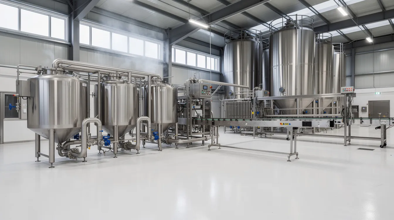82275cf8 6486 4b0f ad97 ee73366552d0 The image showcases stainless steel industrial dairy processing equipment within a large factory, highlighting the sophisticated butter making machines used in the continuous butter production process. This scene emphasizes the advanced technology involved in the manufacturing of various dairy products, including sweet cream butter and cultured butter.
