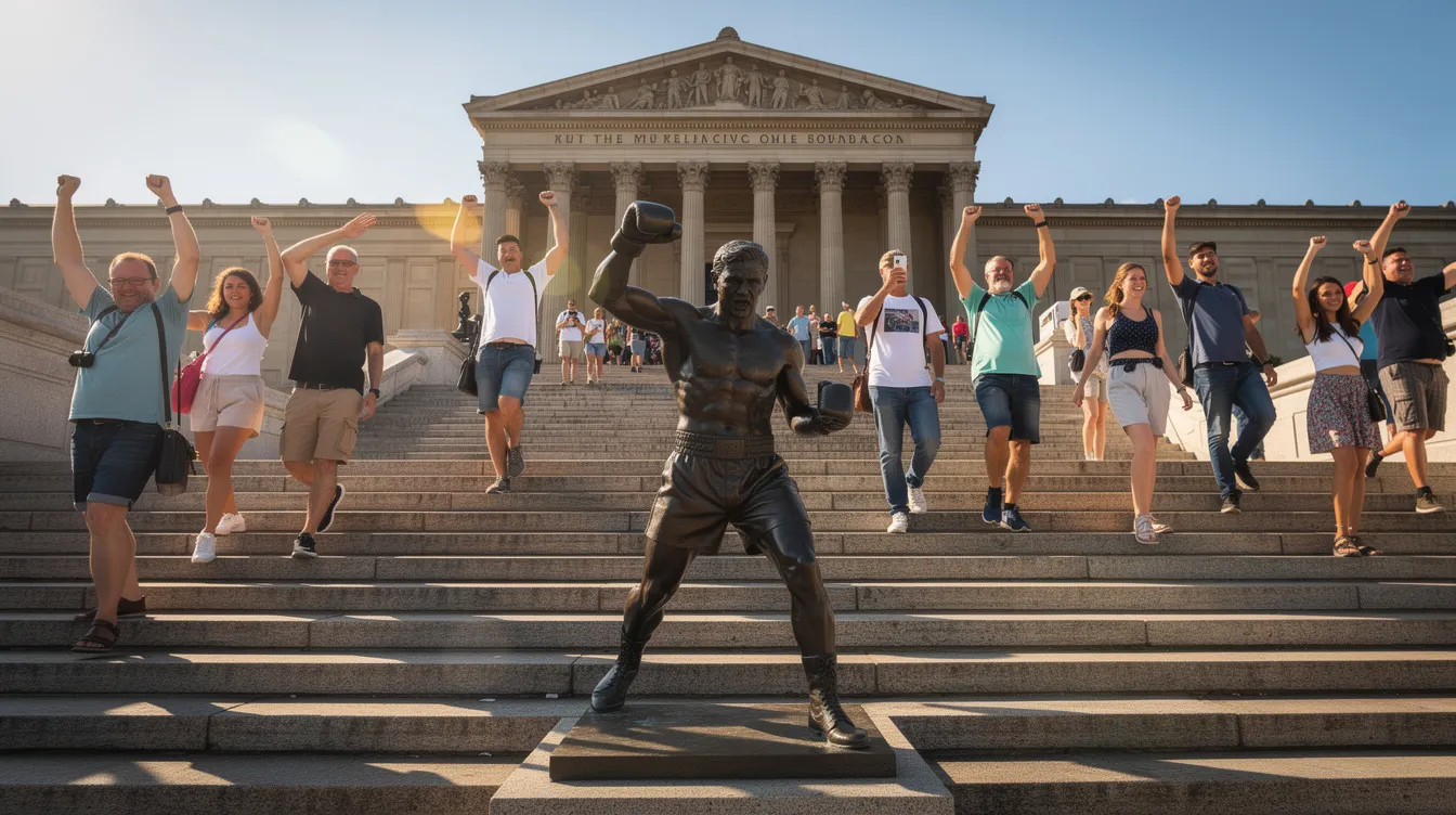 Touristen steigen die breiten Steintreppen eines Museums hinauf, während einige von ihnen ihre Fäuste erhoben haben, um den Geist des Boxens zu feiern. Am Fuß der Treppe steht eine beeindruckende Bronzestatue von Rocky Balboa, dem berühmten Boxer, der als Schwergewichtsweltmeister in die Geschichte einging.