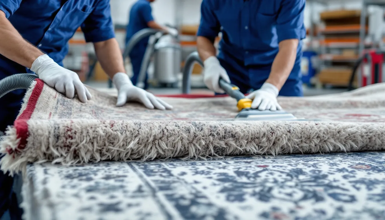 A team of professional technicians is meticulously handling and cleaning various types of rugs, including oriental rugs and area rugs, using a specialized cleaning process. Their excellent service ensures that each rug is treated with care to remove dirt and stains, while also offering delivery and pickup services in Virginia Beach.