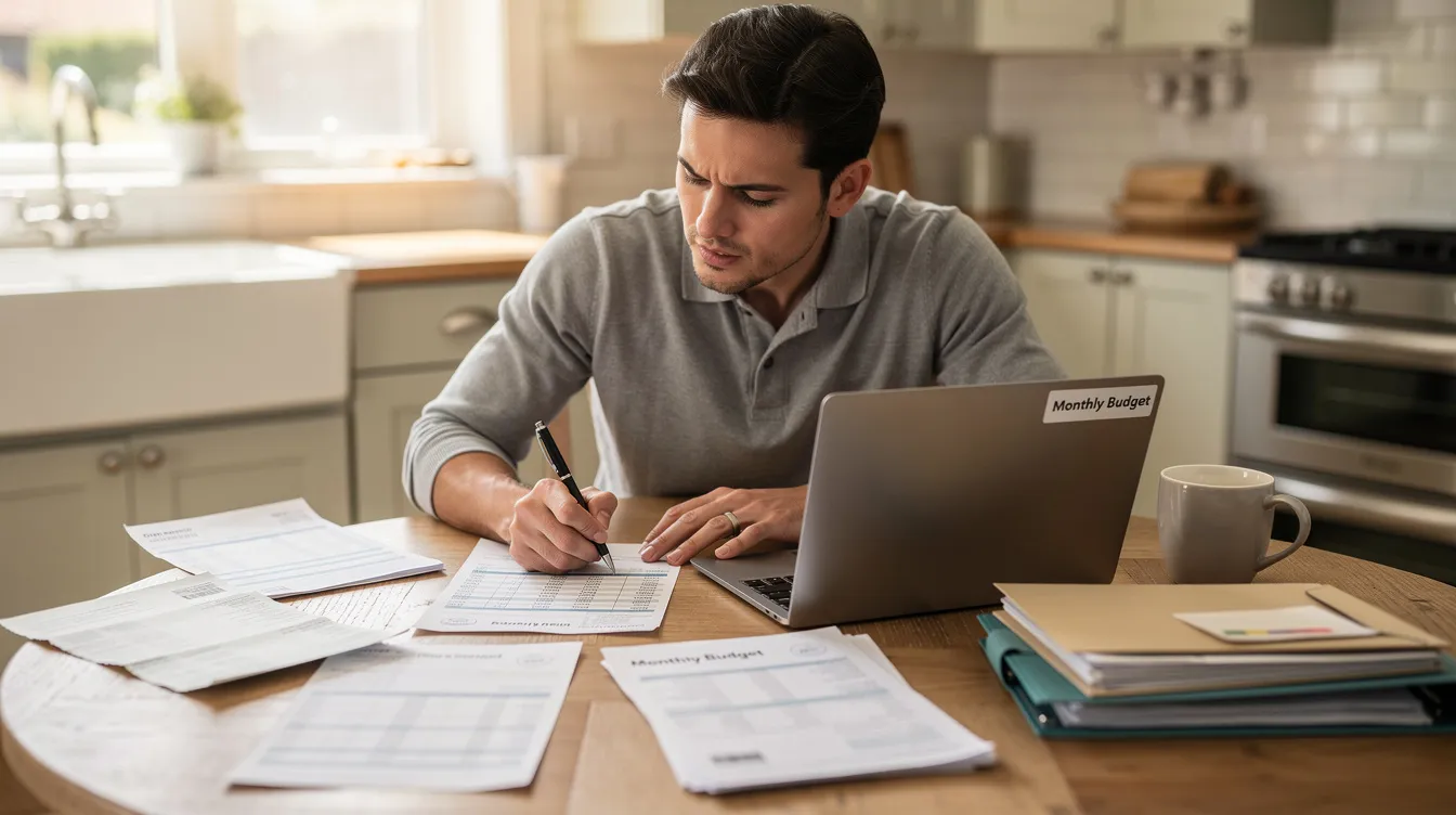 A person is seated at a kitchen table, reviewing financial paperwork while a laptop is open in front of them, possibly evaluating options for a home equity loan or line of credit. The scene suggests a focus on managing finances, including considerations for interest rates and repayment periods.