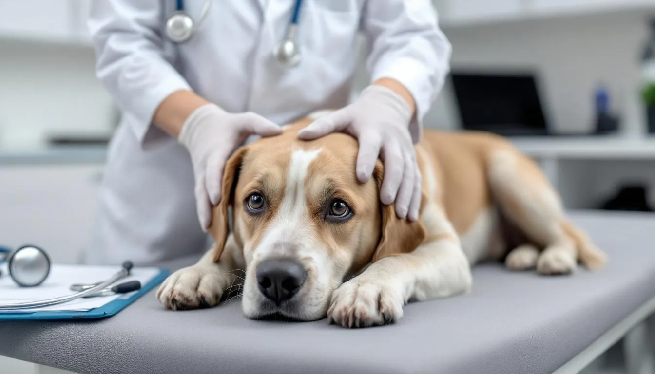 A veterinarian is closely examining a dog for neurological symptoms, paying special attention to any unusual behaviors that may indicate underlying health issues. The dog, appearing calm yet alert, is situated on an examination table, while the vet assesses its response to various stimuli, highlighting the importance of regular vet check-ups for pet parents concerned about their furry friend