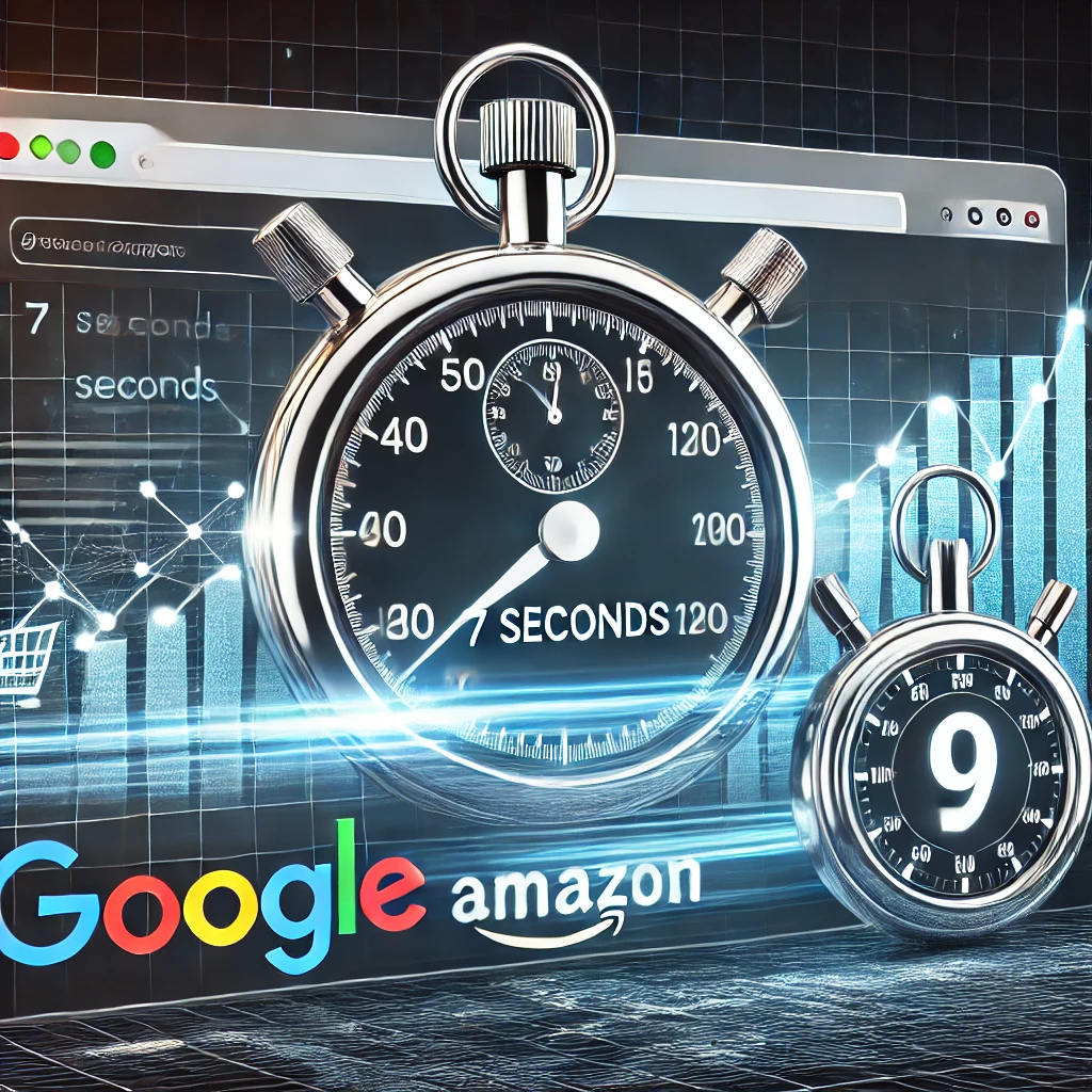 Carga rápida de página, cronómetro 7s, gráfica de atención, íconos Google y Amazon. | Posiciona.Digital