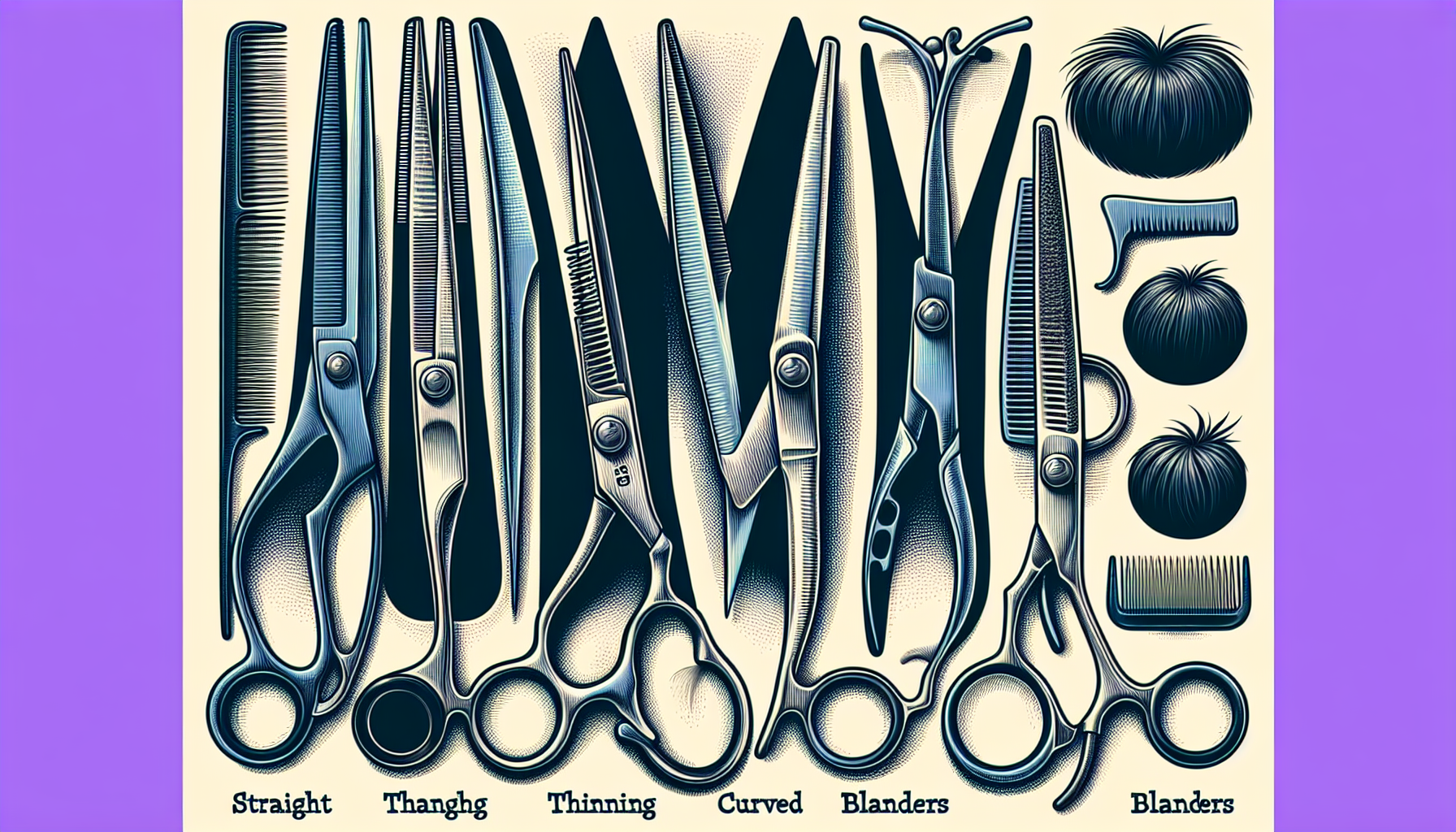 Illustration of different types of dog grooming scissors