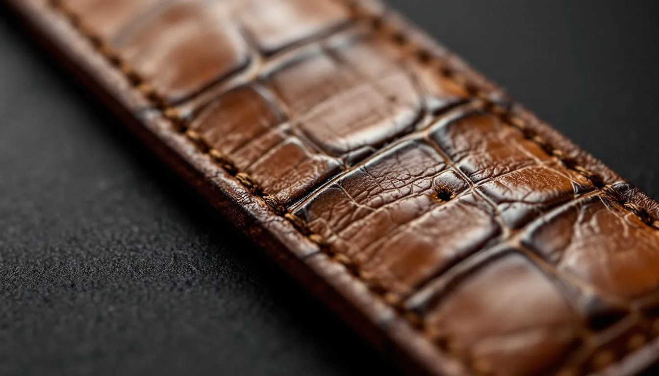 A close-up view of a luxury alligator leather watch strap, showcasing its distinctive scale pattern and hand-stitched edges, perfect for watch lovers seeking a refined accessory for their timepiece. The rich texture of the leather adds to the overall elegance and durability of the watch strap.