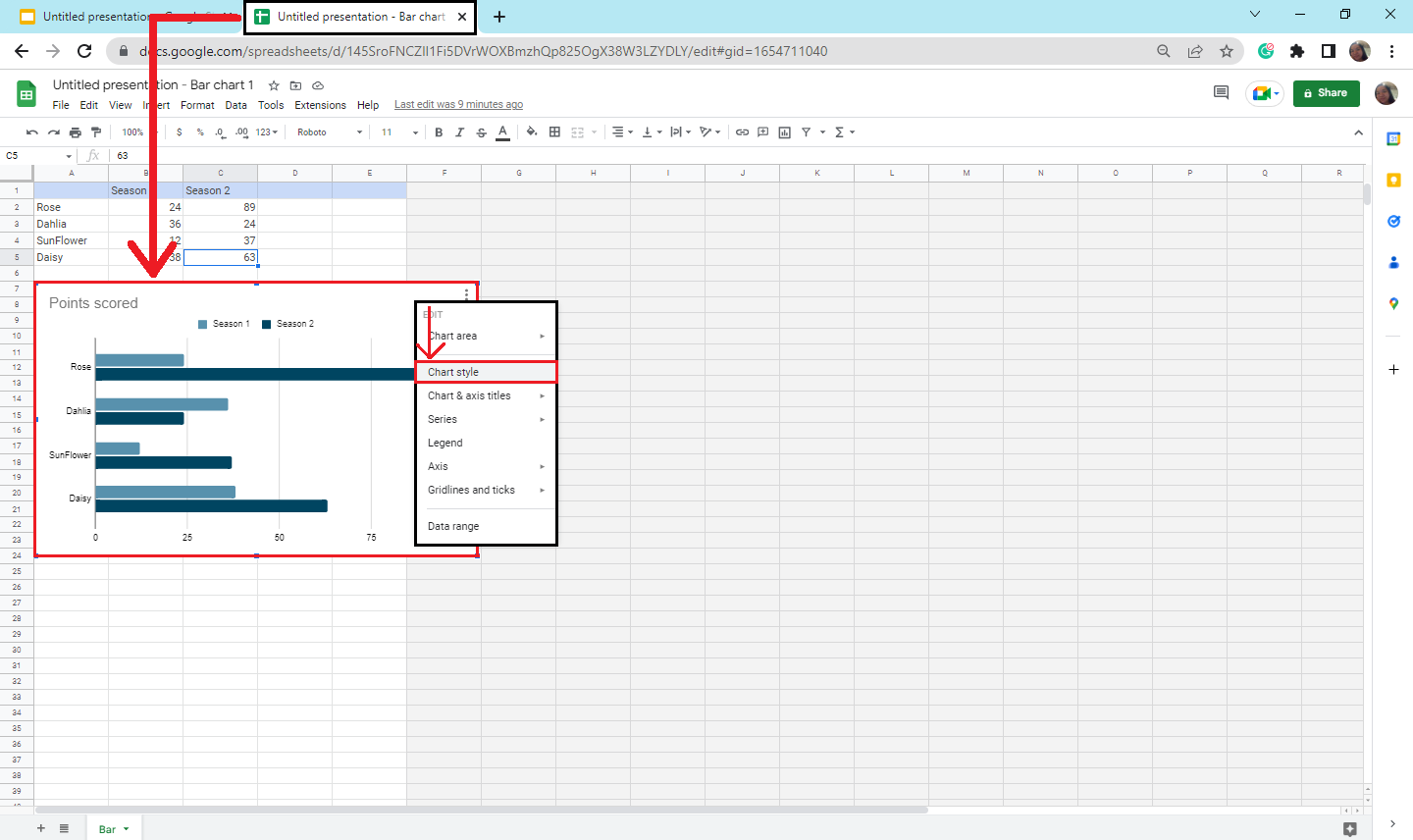 Right-click your chart in Google Sheet, and select "Chart Style" in the dropdown menu.