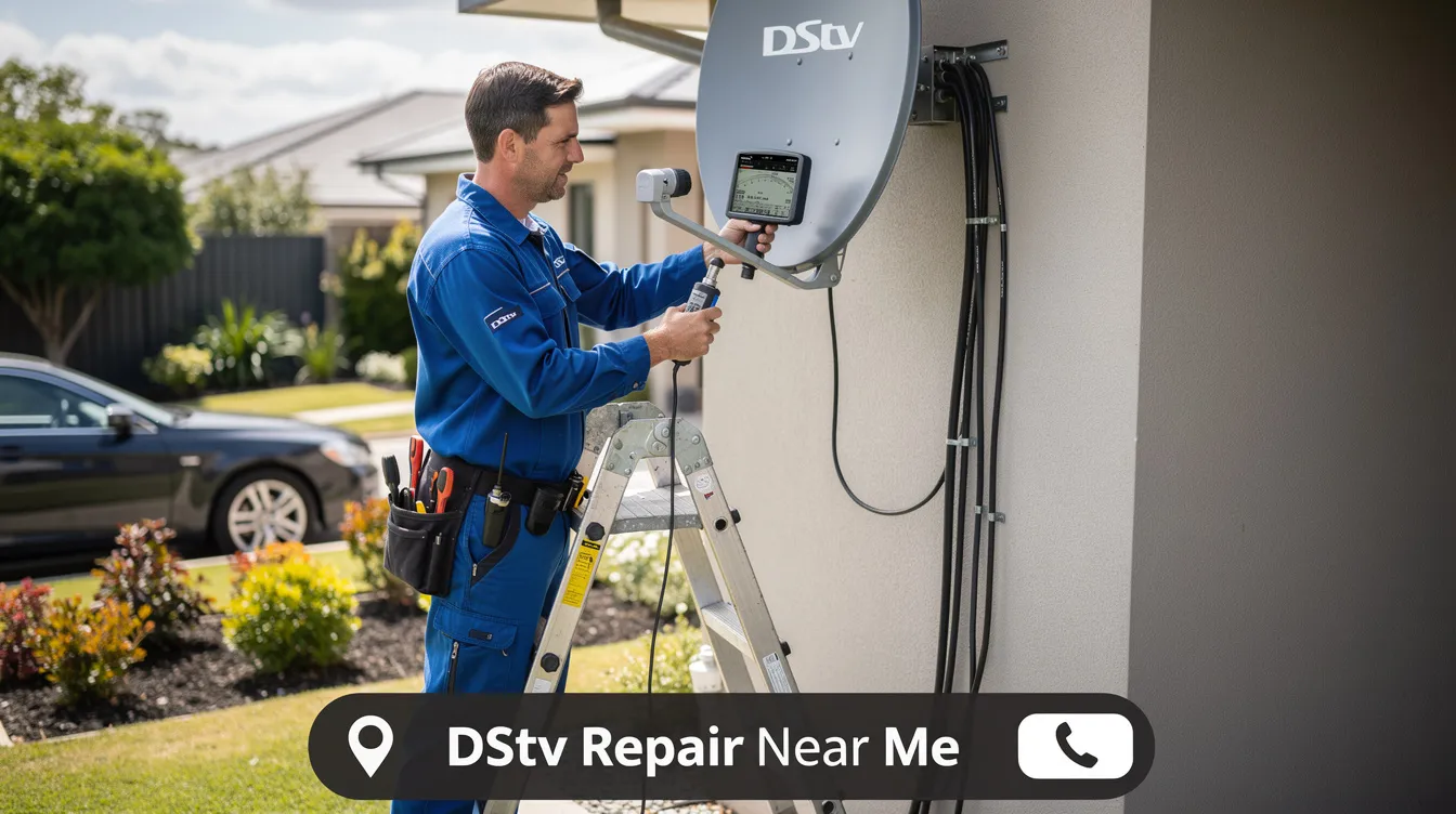 A DStv repair technician is testing the signal quality at a residential satellite dish, ensuring optimal performance for DStv installation services. The technician is equipped with tools to check the alignment and functionality of the dish, aiming for a crystal clear picture for the customer.