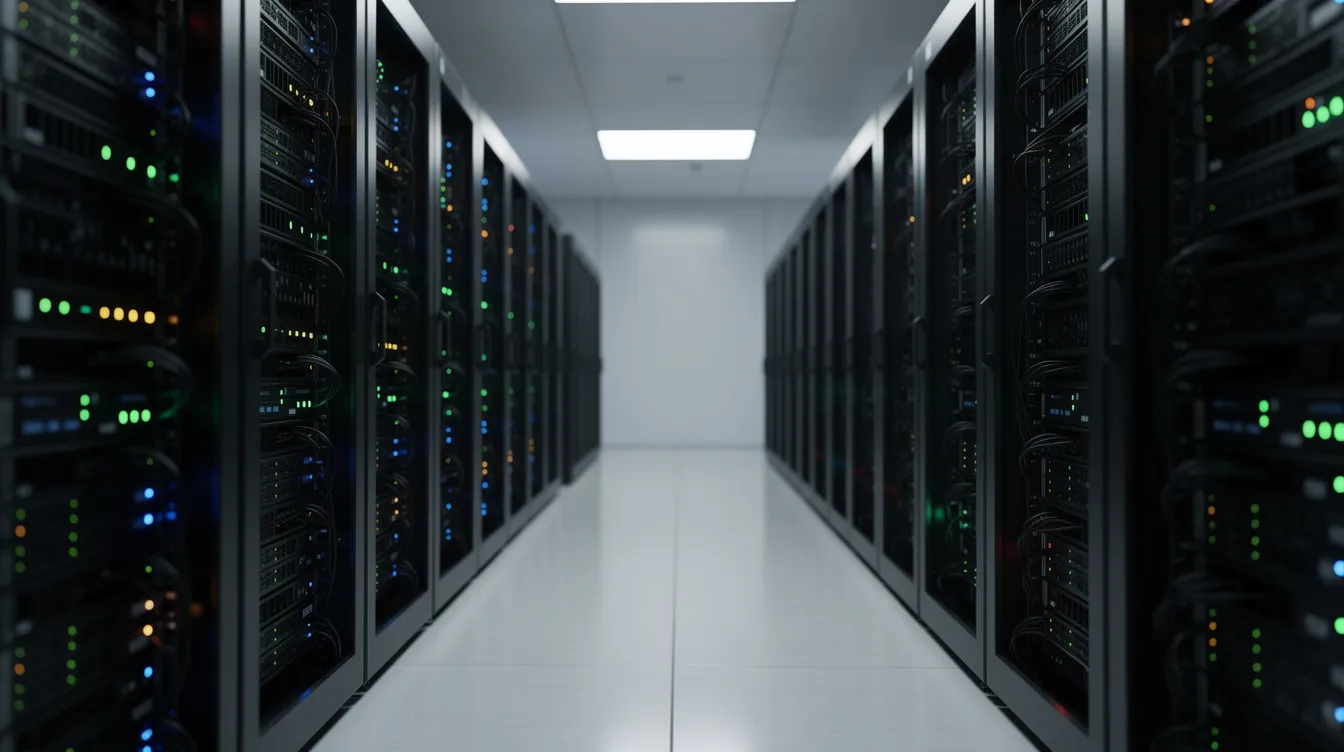 The image depicts a row of server racks in a data center, each equipped with blinking status lights indicating operational activity. These servers are essential for managing call detail records (CDRs) and generating reports for Cisco Unified Communications Manager systems.