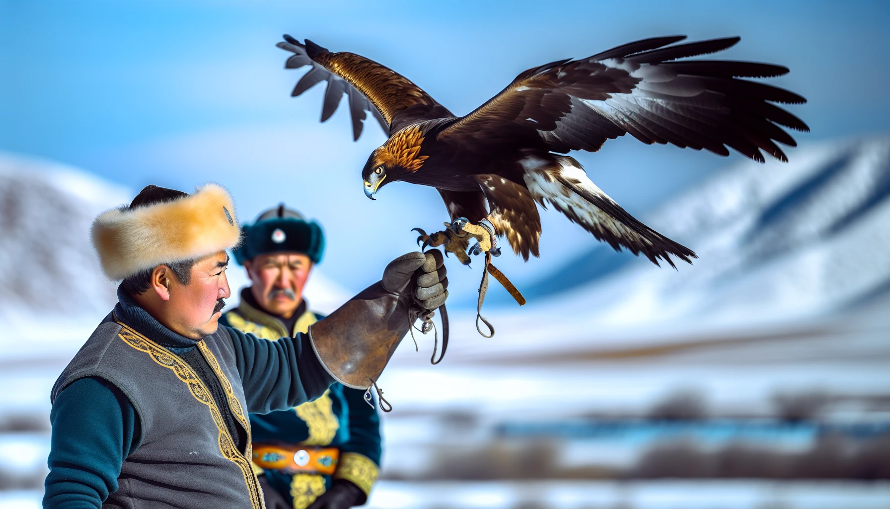 A golden eagle in flight, hunting in the wild with its Kazakh hunter