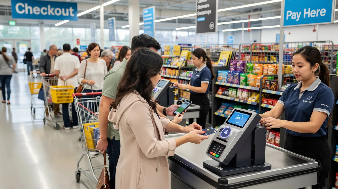 The image depicts a busy retail store checkout area where multiple customers are engaging in contactless payments, using their phones and cards at NFC-enabled payment terminals. This scene highlights the convenience of digital payment methods like Apple Pay and Google Pay, as shoppers complete transactions quickly and securely.