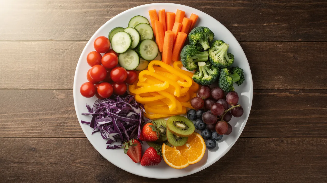 A vibrant plate filled with an assortment of fresh vegetables and fruits, including leafy greens, tomatoes, and colorful berries, is artfully arranged on a rustic wooden table, promoting a healthy lifestyle. This colorful display not only showcases nutritious options but also symbolizes the body's natural healing process, similar to the recovery journey after a liposuction procedure.
