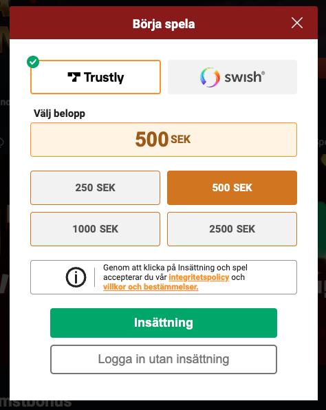 Insättning hos Mega Fortune genom Trustly eller Swish