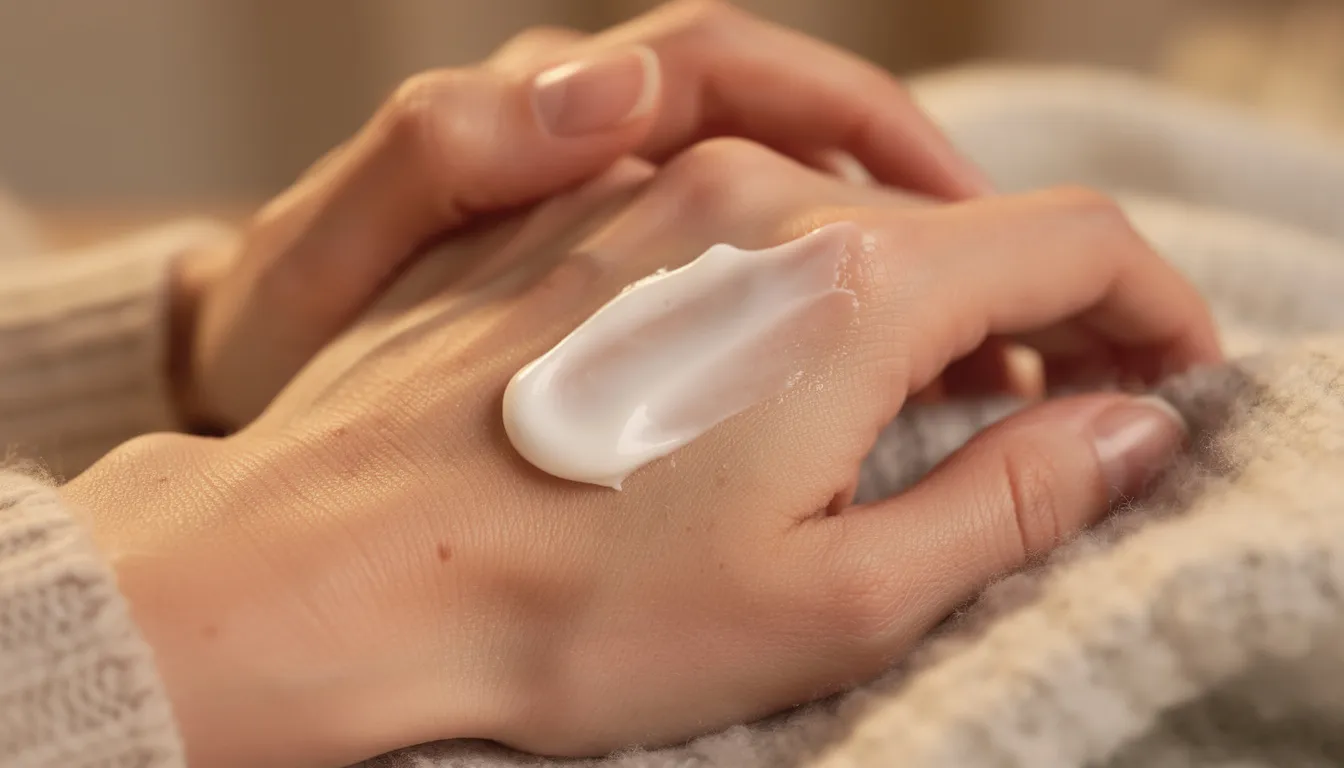 A close-up image shows hands gently applying a creamy whipped tallow balm to dry, winter-stressed skin, emphasizing the balm's ability to soften very dry skin and protect the skin's moisture barrier. The rich texture suggests benefits from fatty acids and fat-soluble vitamins found in beef tallow, ideal for sensitive skin and skin regeneration.