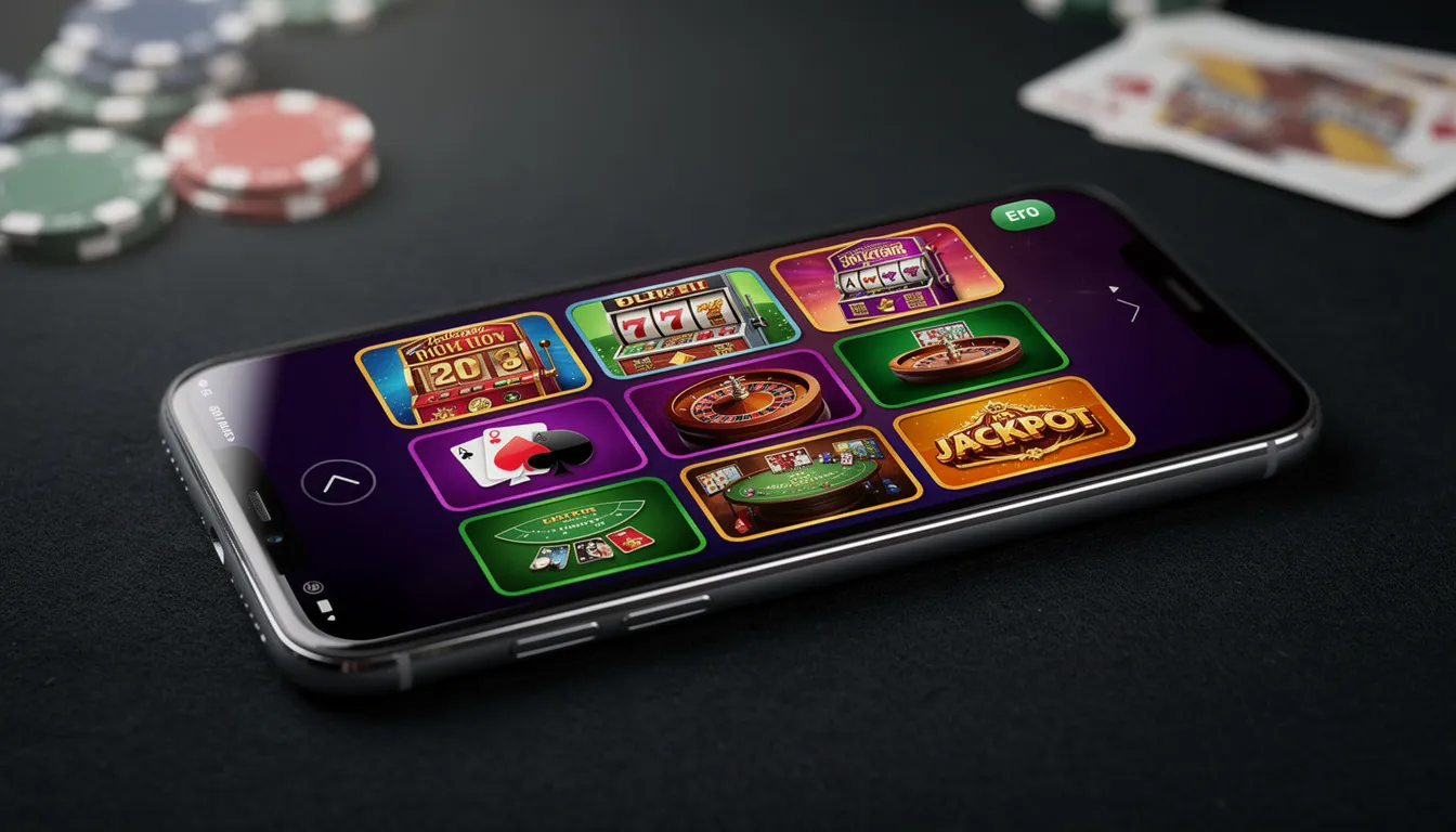 En smartphone visar en färgglad gränssnitt av en casinoapp med olika spelikoner, vilket ger en känsla av spänning och underhållning hos slotv casino. Användare kan enkelt navigera mellan spel som slots och bordsspel, och erbjudanden som free spins och välkomstbonusar för nya spelare finns tillgängliga.