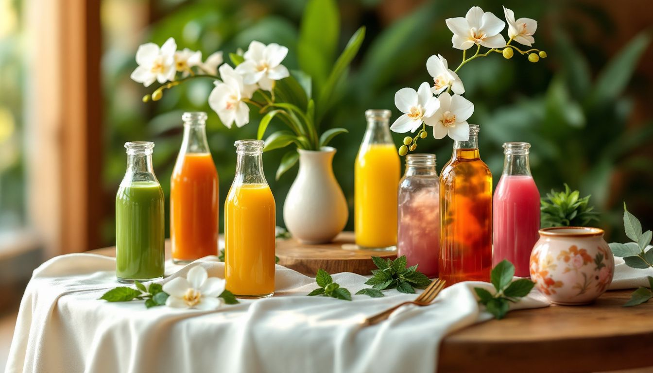 A serene setting with adaptogenic beverages on a table, promoting stress relief.