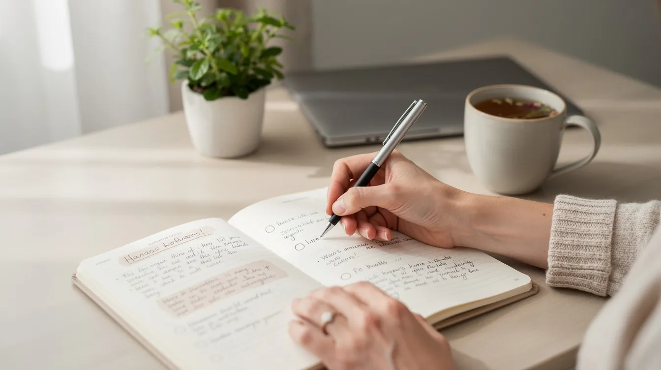 The image depicts a person writing notes in a wellness journal at a clean desk, emphasizing a focus on health and self-improvement, possibly related to topics like nmn supplementation and its health benefits. The serene environment suggests a commitment to maintaining good cellular health and enhancing overall well-being.