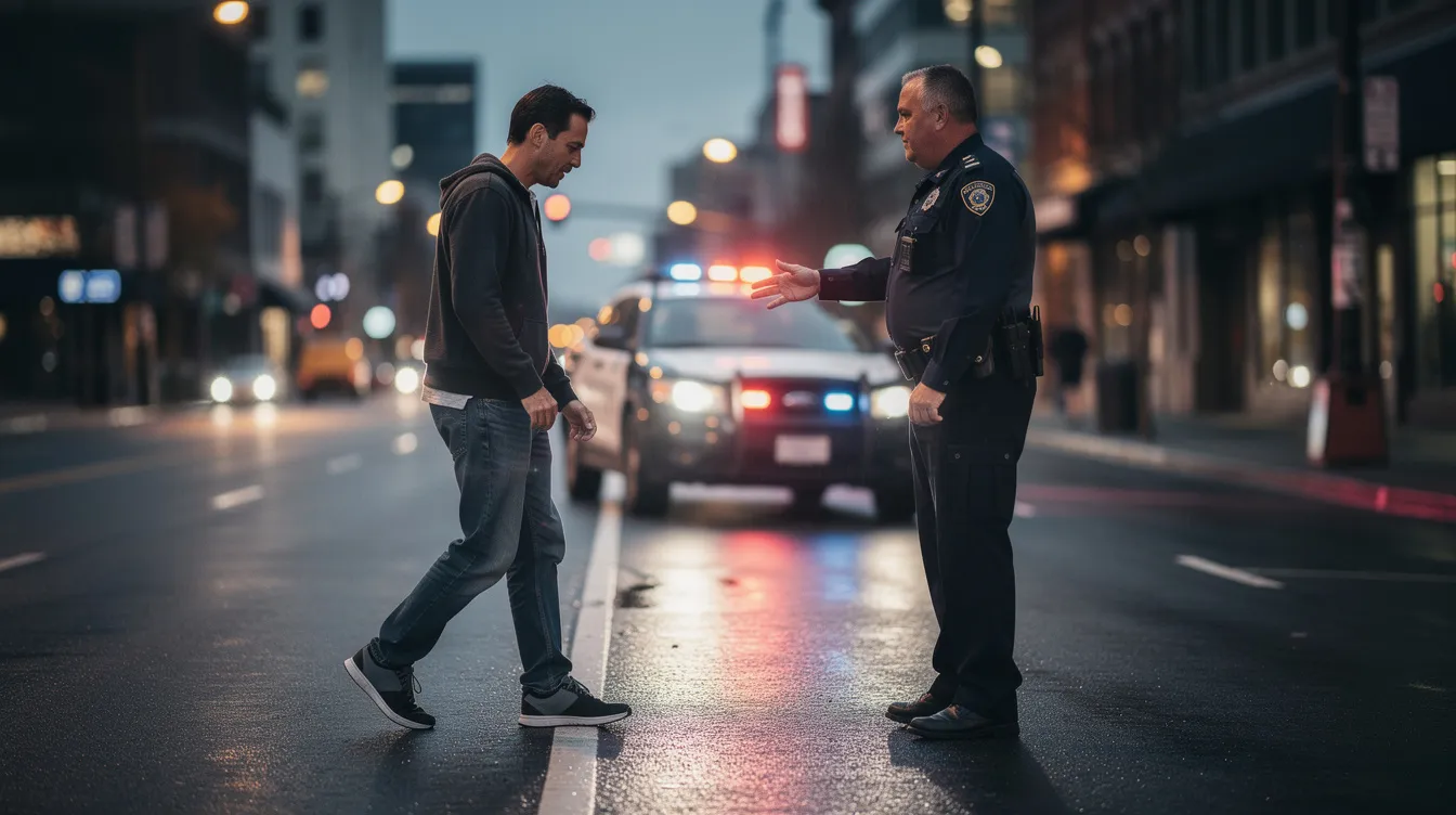 A Seattle DUI roadside investigation scene at dusk shows a police officer calmly instructing a slightly uneasy adult driver performing a walk-and-turn field sobriety test on wet pavement, reflecting streetlights. The background features soft bokeh lights and urban structures typical of downtown Seattle, capturing a candid moment during a DUI arrest in a realistic, low-light environment.