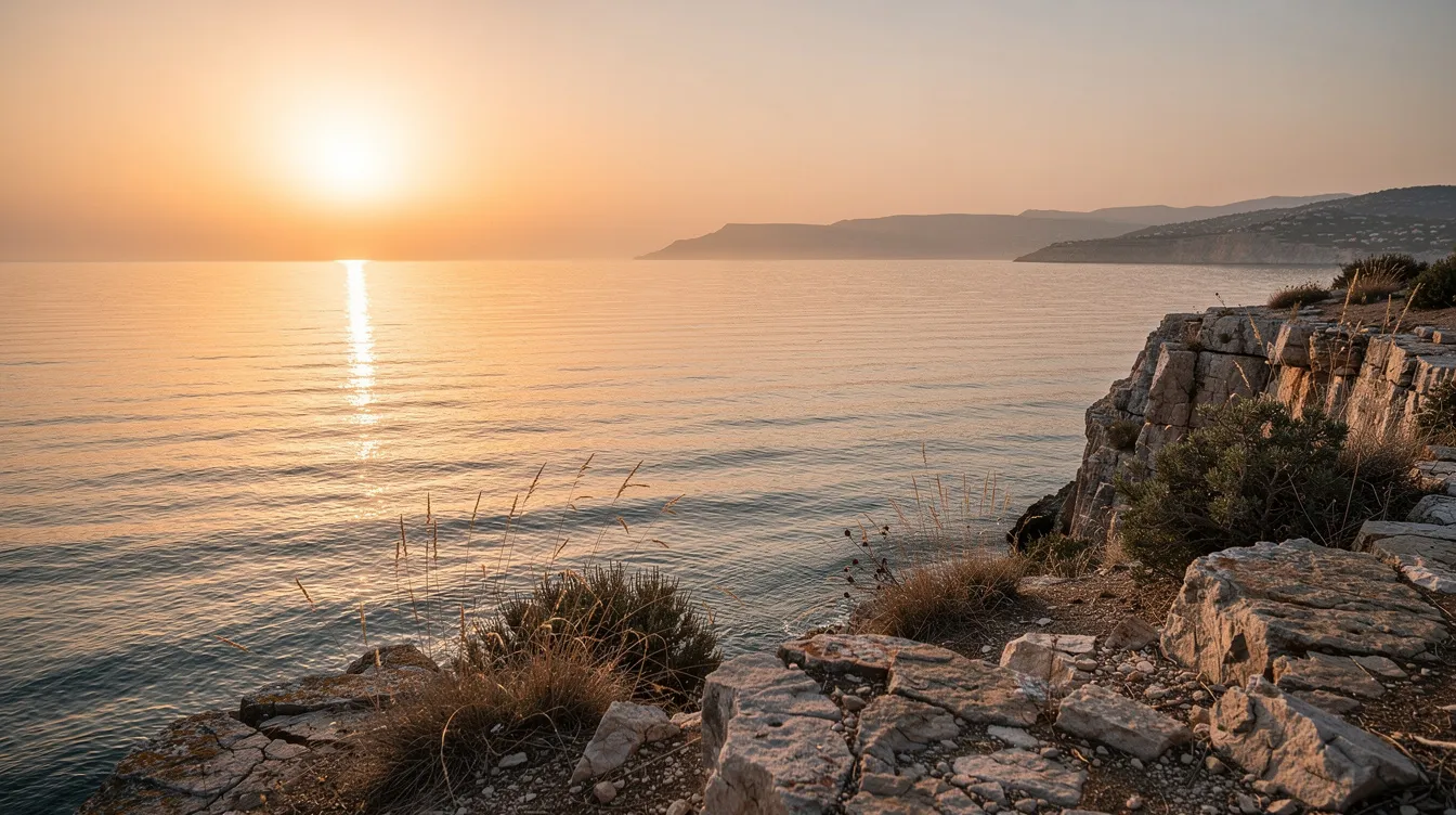Der ruhige Meerblick von einer Felsklippe zeigt das warme Abendlicht, das sanft über den Horizont strahlt und die stille mediterrane Landschaft in ein kontemplatives Licht taucht. Diese Szene erinnert an die Atmosphäre von Jean-Luc Godards Film "Le Mépris", wo Konflikte und Emotionen in der Schönheit der Umgebung verwoben sind.
