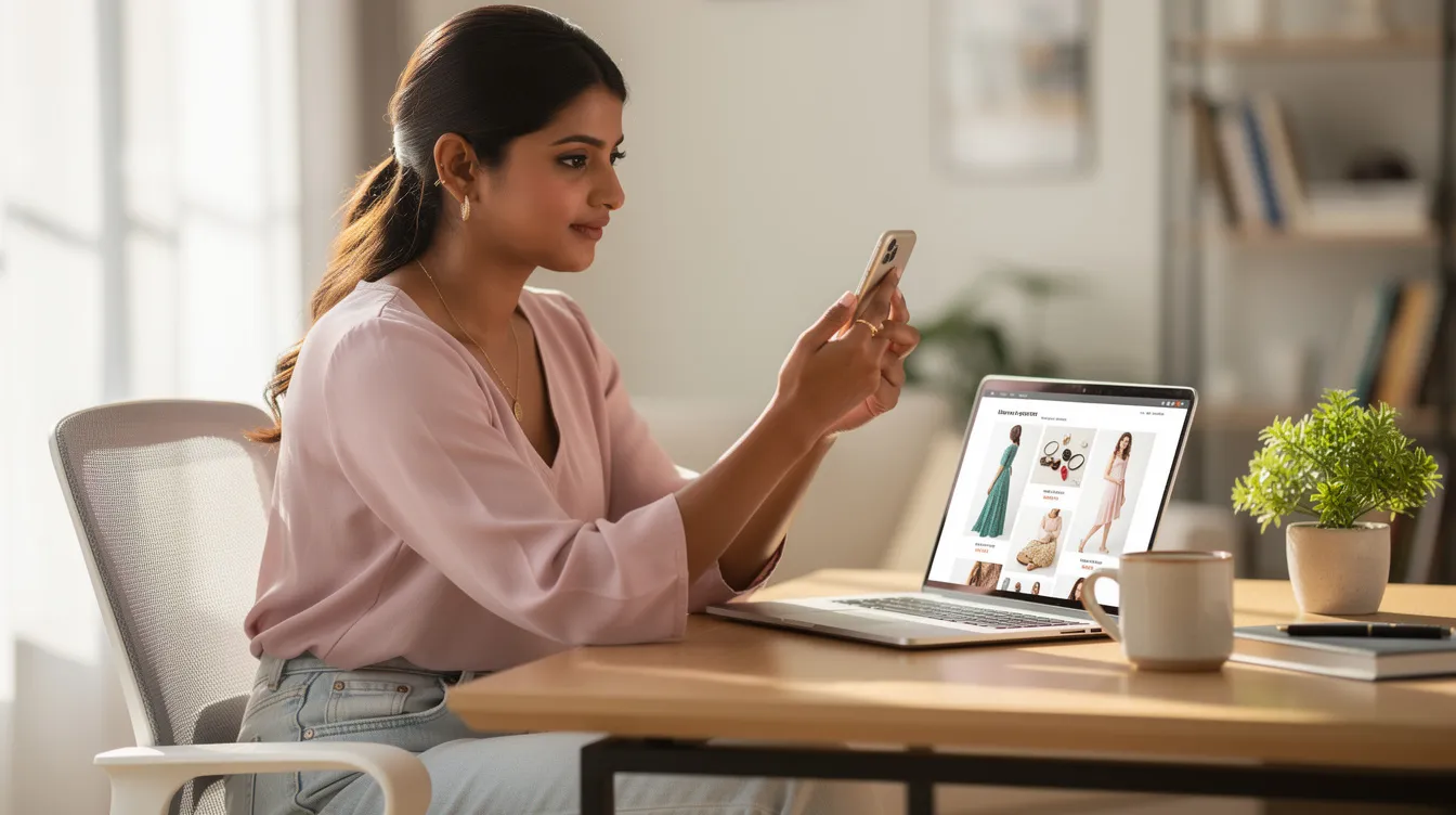 An Indian woman is seated in a brightly lit room, engaged in comparing fashion products on her smartphone and laptop, utilizing screen reader technology for web accessibility. The scene highlights her focus on digital content while navigating through interactive elements on both devices.
