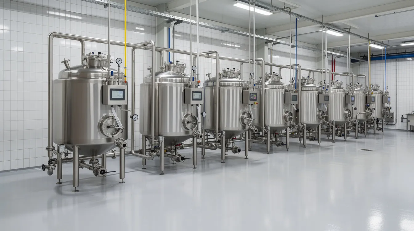 823ab06f bea1 4629 9743 fabc35a87ca6 The image shows a modern industrial dairy processing facility featuring stainless steel equipment, including jacketed vessels and storage tanks, designed for ghee production. This ghee making plant is equipped with advanced machinery to ensure hygiene and durability in the processing of cream and butter.