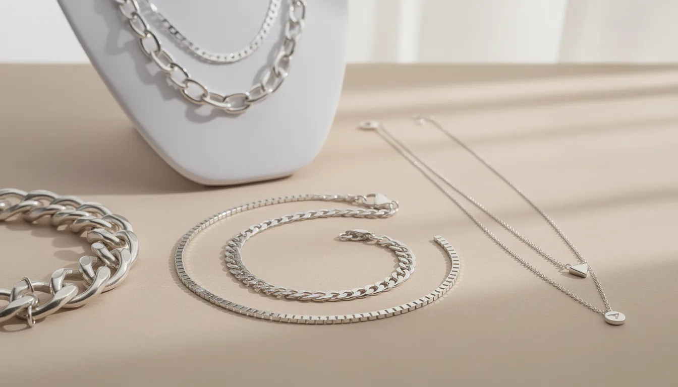 The image showcases a variety of silver necklaces, including chunky chains and delicate fine chains, perfect for everyday wear. This collection emphasizes different lengths and styles, making it easy to find the ideal piece to suit any outfit or occasion.