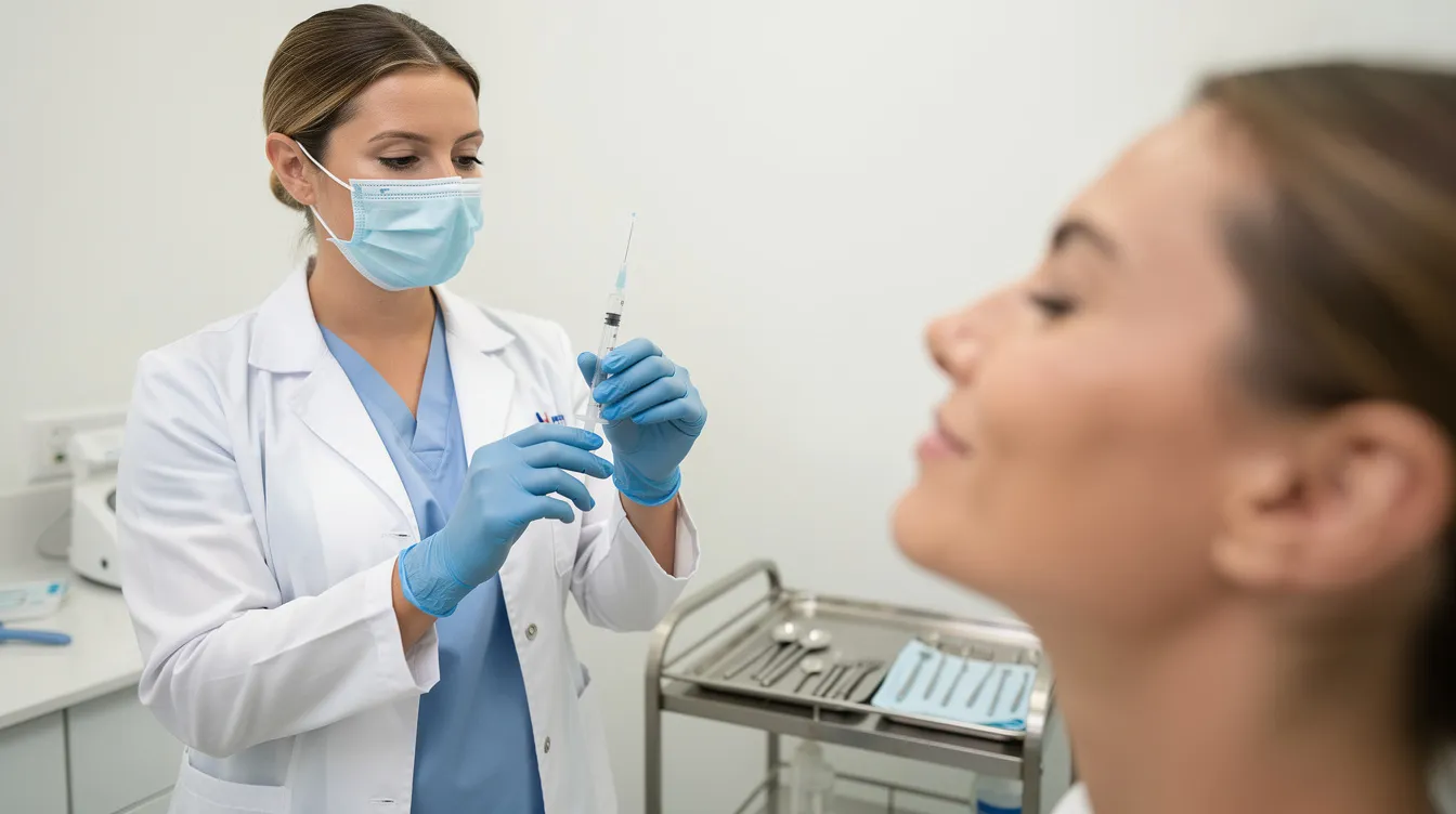 A medical professional is seen in a clinical setting, preparing a small syringe filled with botulinum toxin for a facial injection procedure aimed at reducing the masseter muscle. This treatment is often used for patients experiencing jaw pain, teeth grinding, or seeking a slimmer jawline through jaw botox injections.