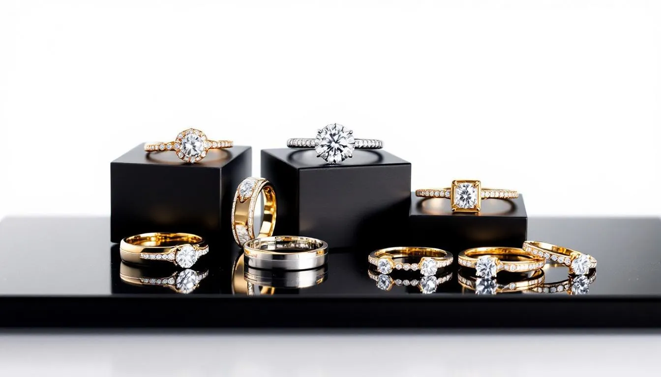 Engagement rings and wedding bands showcased in a jewelry store.