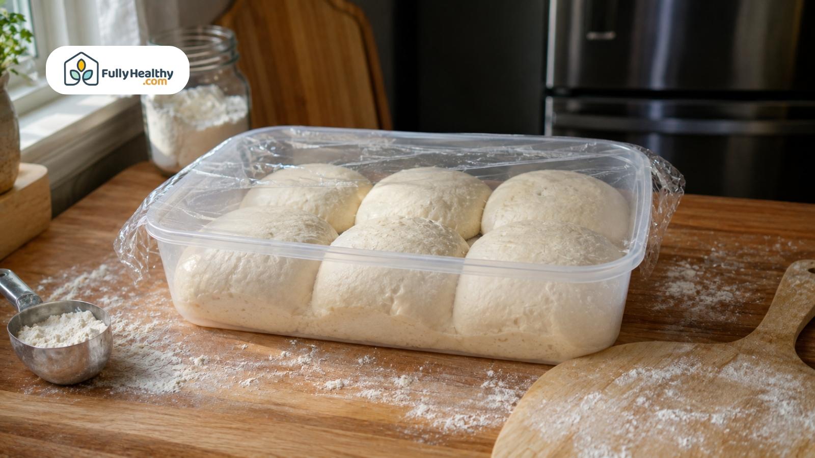 Thawed pizza dough balls resting and rising in a covered container