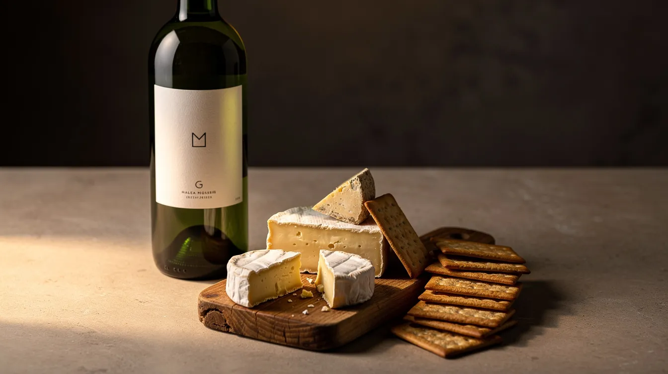 An elegant arrangement featuring a bottle of white wine, artisan cheeses, and crackers is displayed on a small wooden board, making it a perfect addition to a mother's day gift basket. This delightful assortment is ideal for pampering mom and celebrating her special day with sweet treats and nutritious snacks.