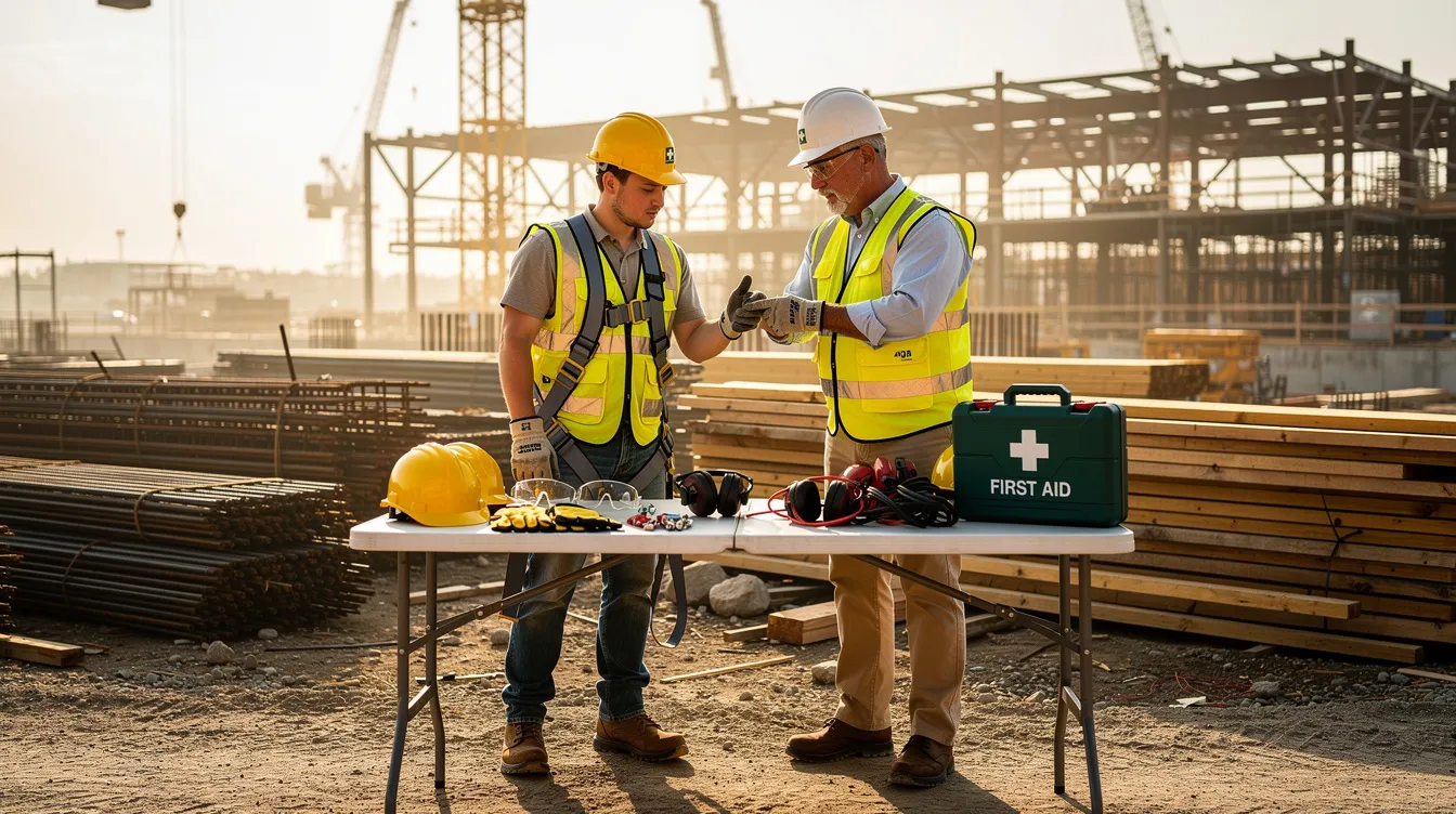 An experienced construction foreman is mentoring a younger worker at a construction site, reviewing essential safety equipment to ensure proper practices and awareness. This interaction highlights the importance of training programs and leadership in developing the future workforce within the construction industry.